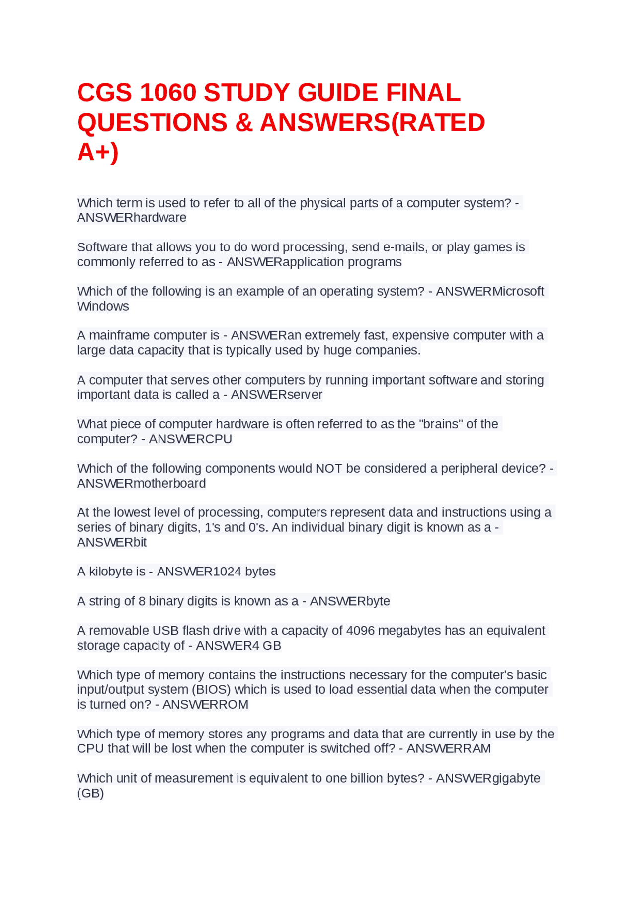 CGS 1060 Computer Fundamentals: Questions and Answers Study Guide ...