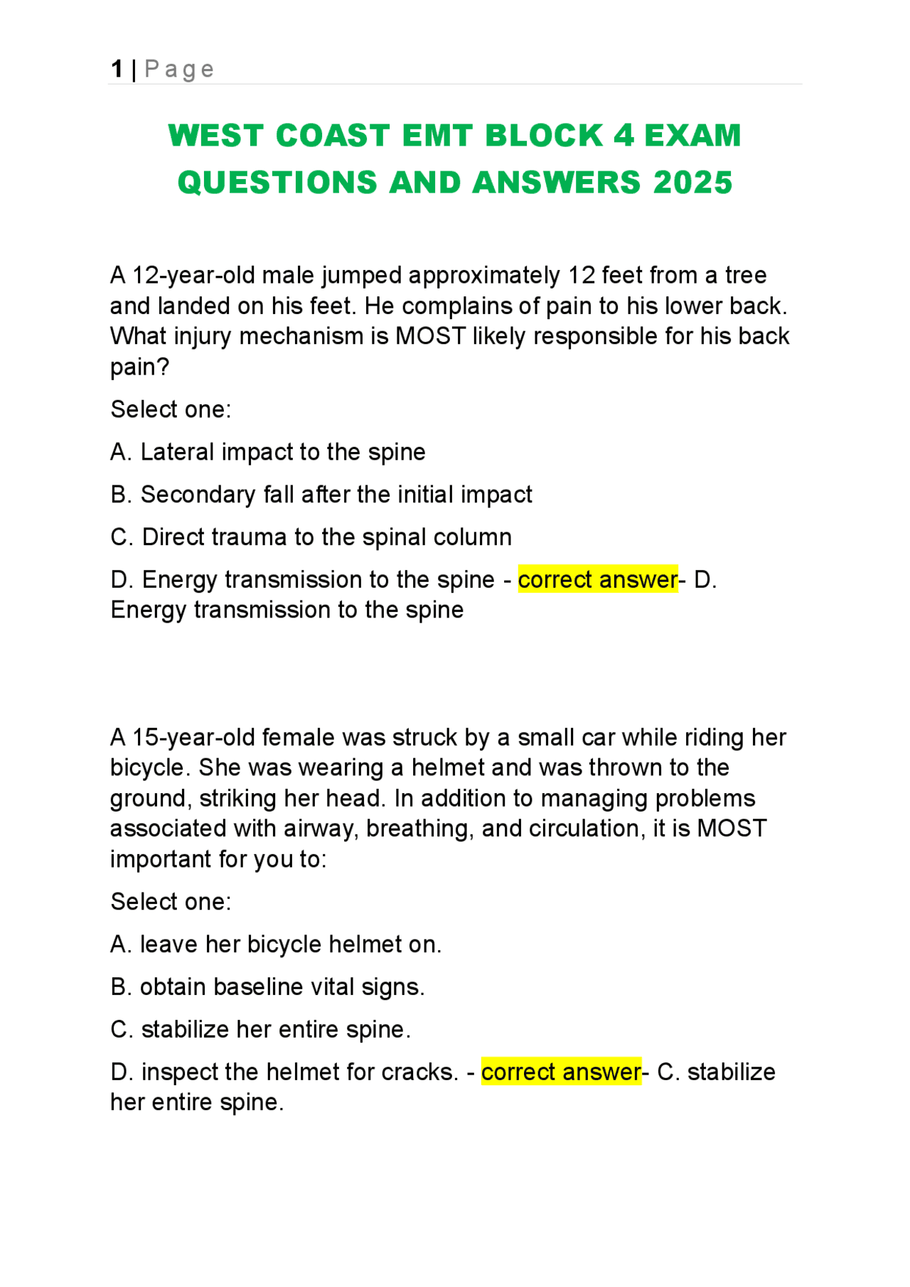 EMT Trauma Care Exam Questions and Answers | Exams Medicine | Docsity