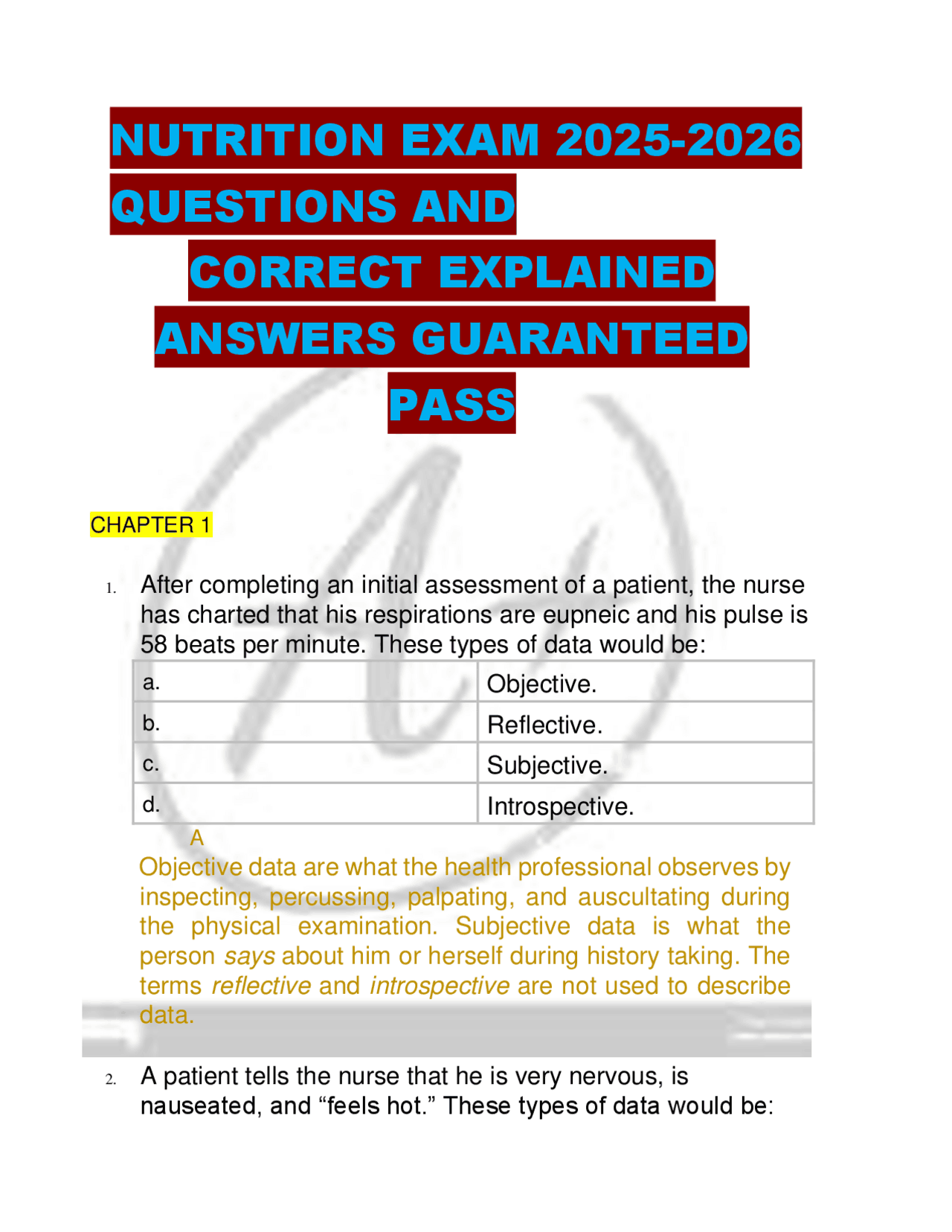 NUTRITION EXAM 2025-2026 QUESTIONS AND CORRECT EXPLAINED ANSWERS ...