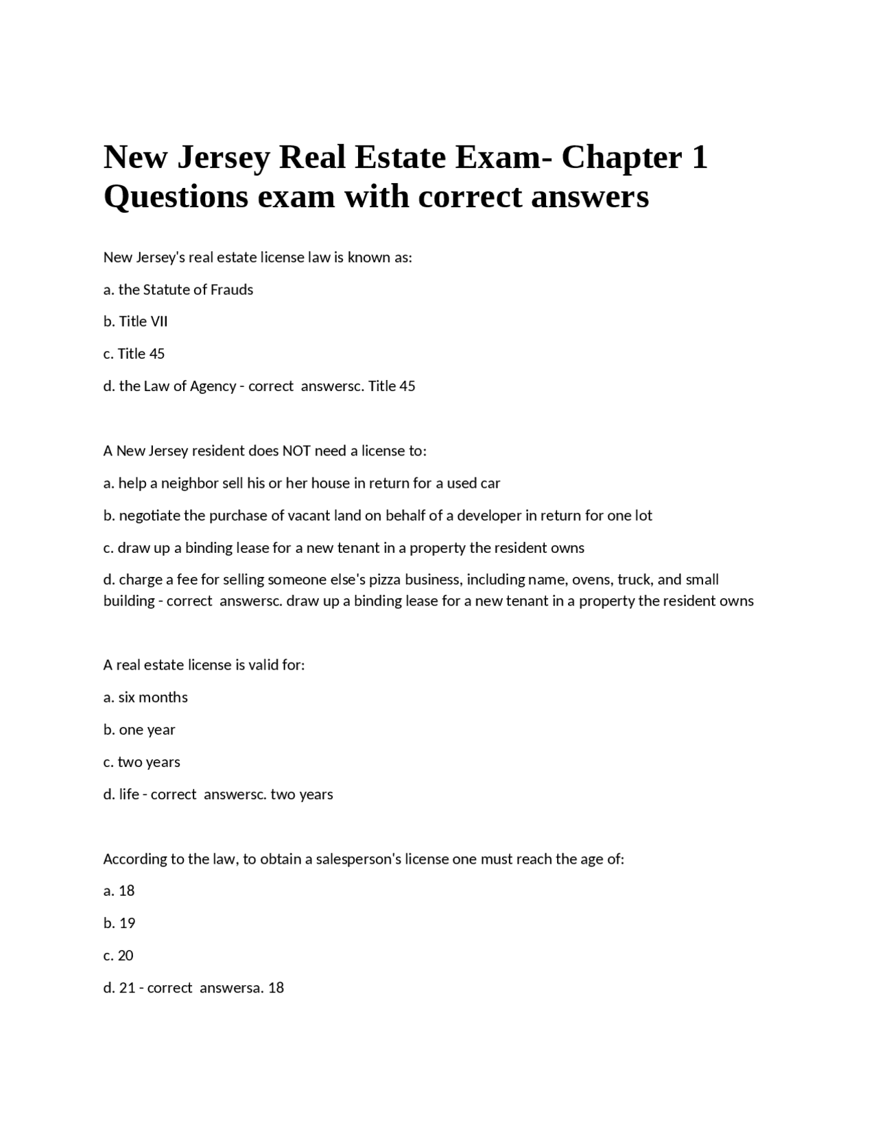 New Jersey Real Estate Exam Chapter 1 Questions exam with
