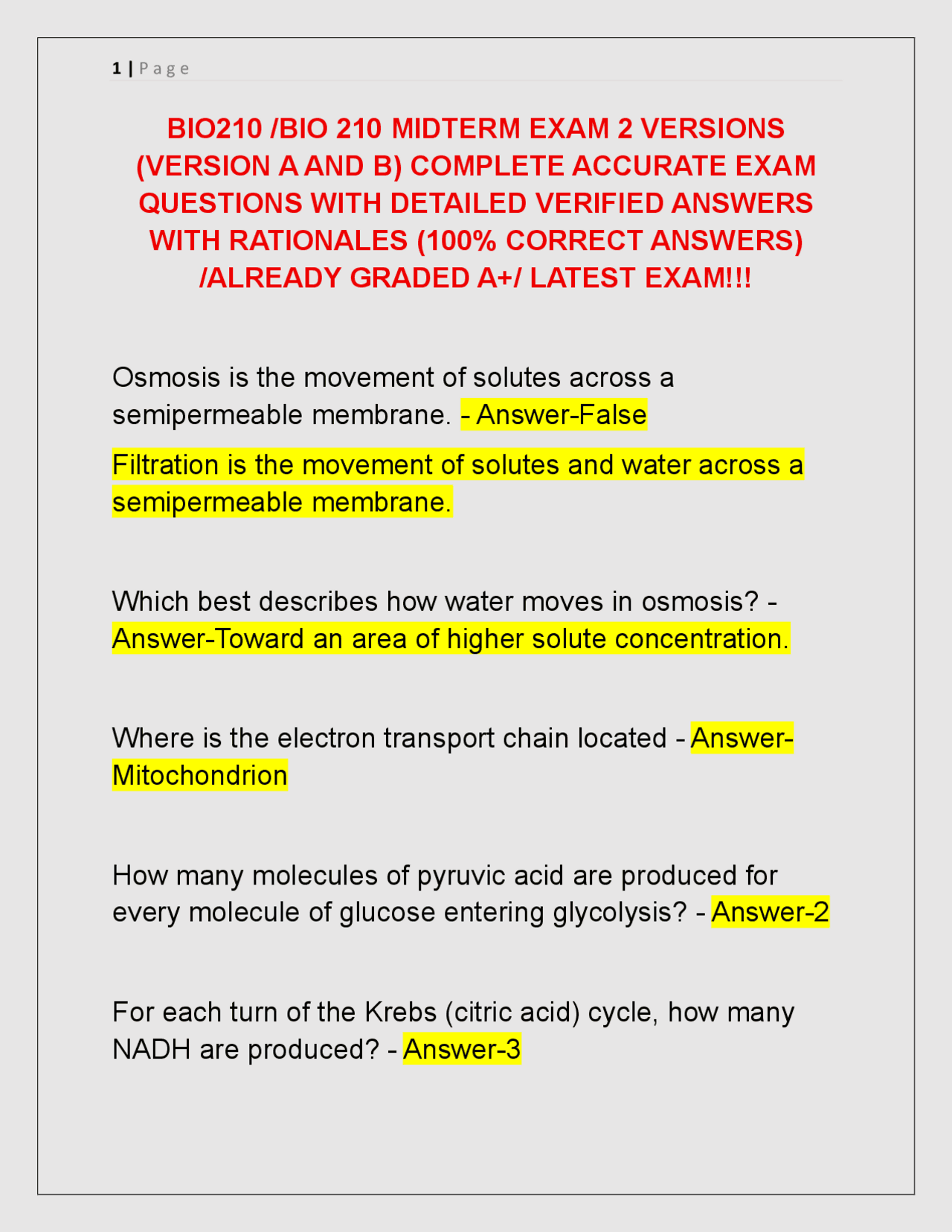 BIO 210 FINAL EXAM CURRENTLY TESTING 2 VERSIONS (VERSION A AND B ...