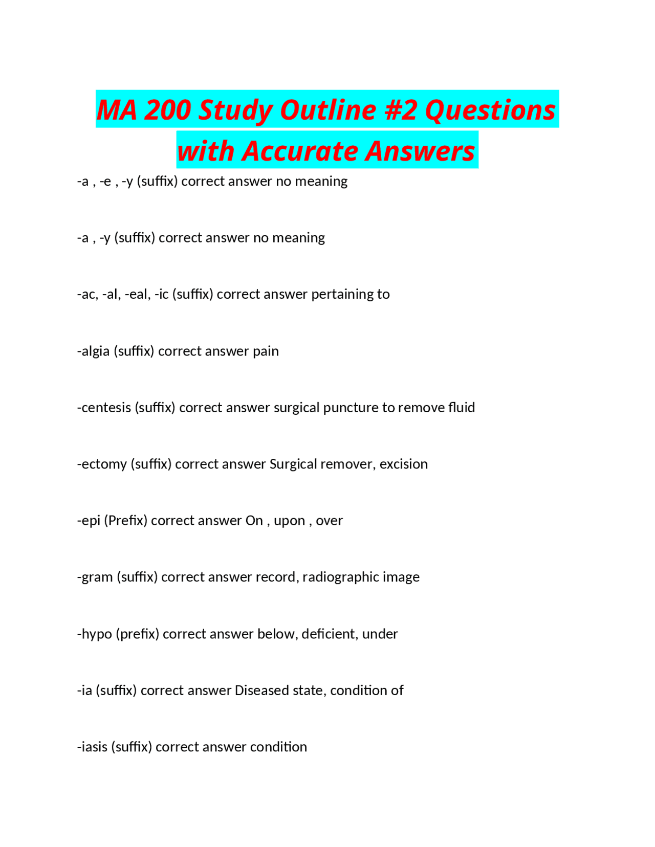 MA 200 Study Outline #2 Questions with Accurate Answers | Exams ...