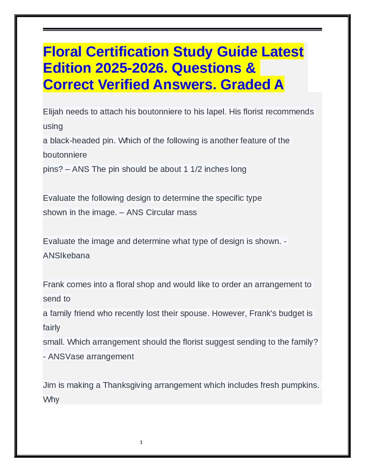 Floral Certification Study Guide Latest Edition 2025-2026. Questions ...