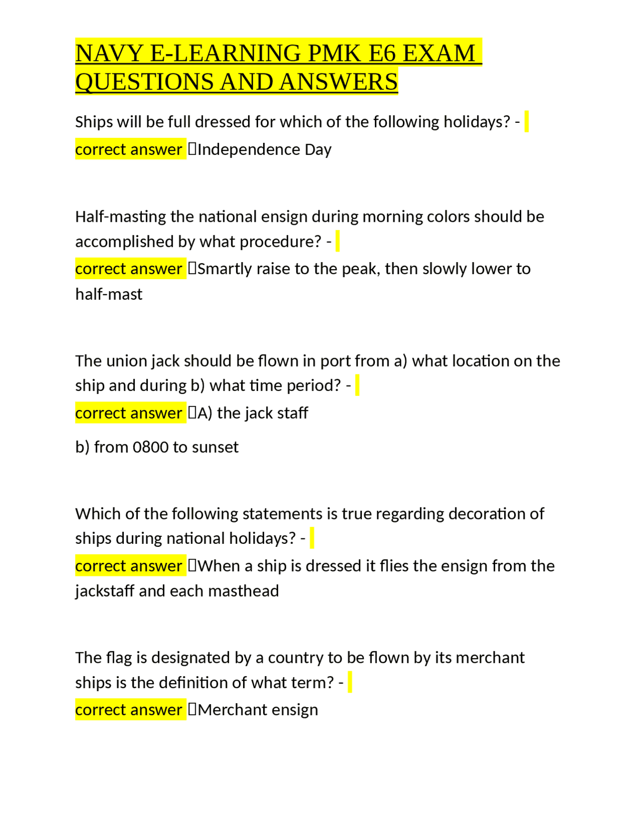NAVY ELEARNING PMK E6 EXAM QUESTIONS AND ANSWERS Exams Military