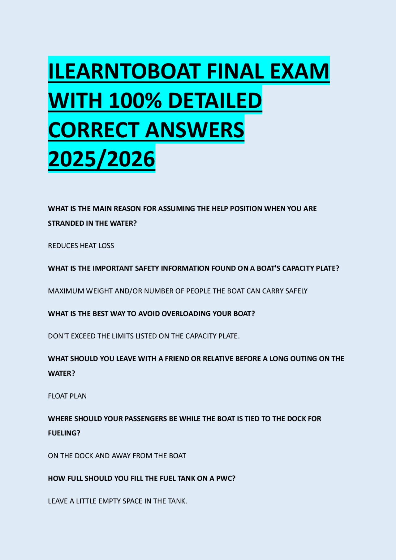 ILEARNTOBOAT FINAL EXAM WITH 100% DETAILED CORRECT ANSWERS 2025/2026 | Exams Organization and ...