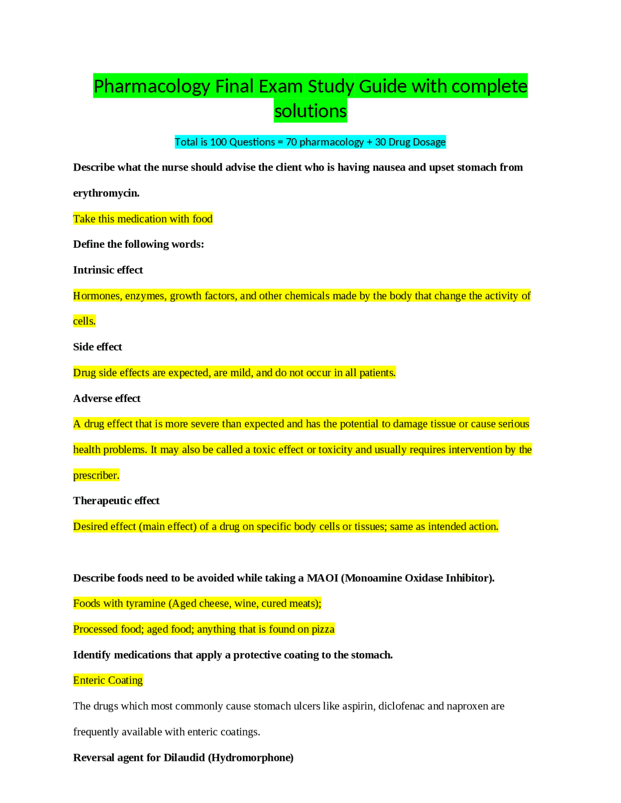 Pharmacology Final Exam Study Guide with complete solutions | Exams ...