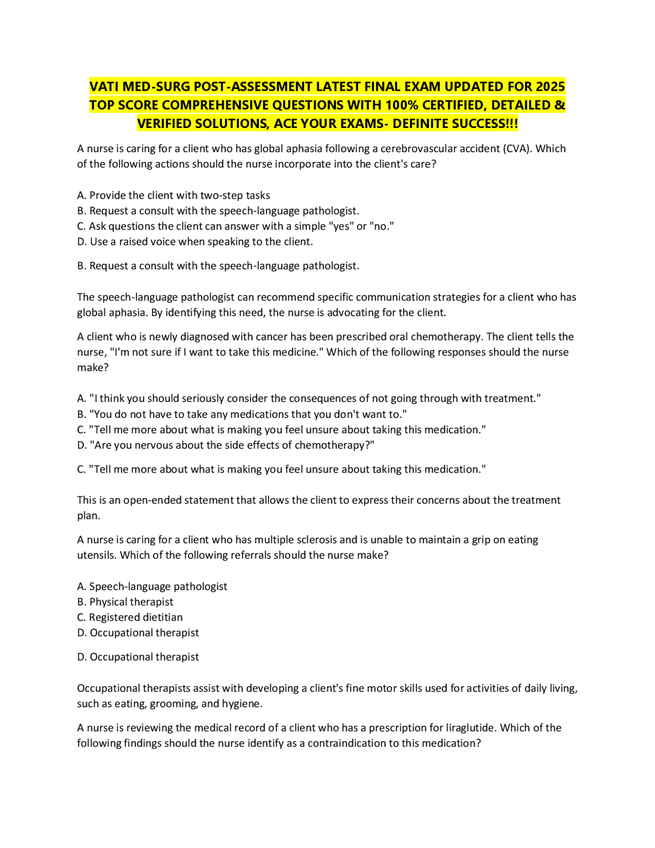 Medical-Surgical Nursing Exam Questions and Answers 2025 | Exams Health ...
