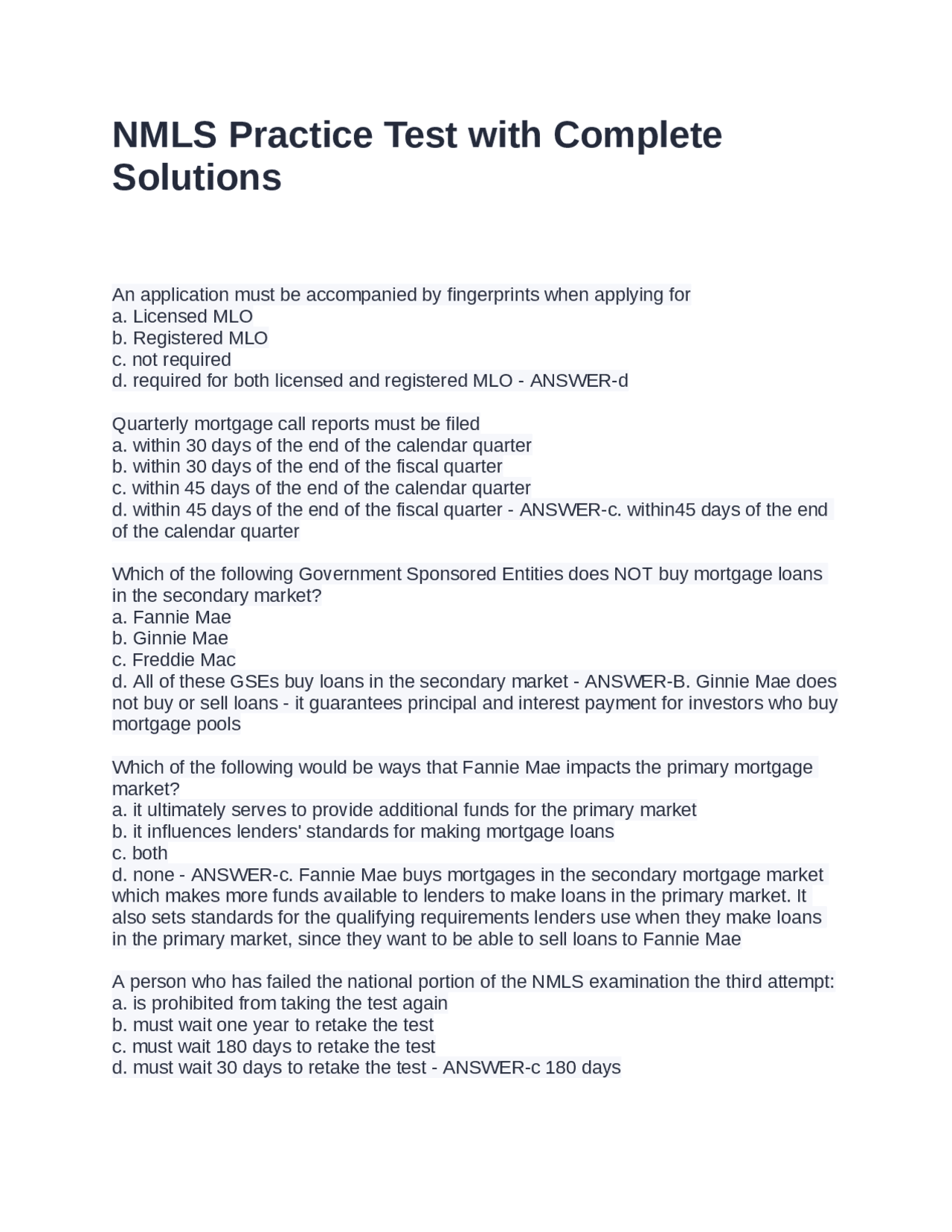 Njml Questions NMLS Practice Test with Complete Solutions | Exams Advanced Education ...