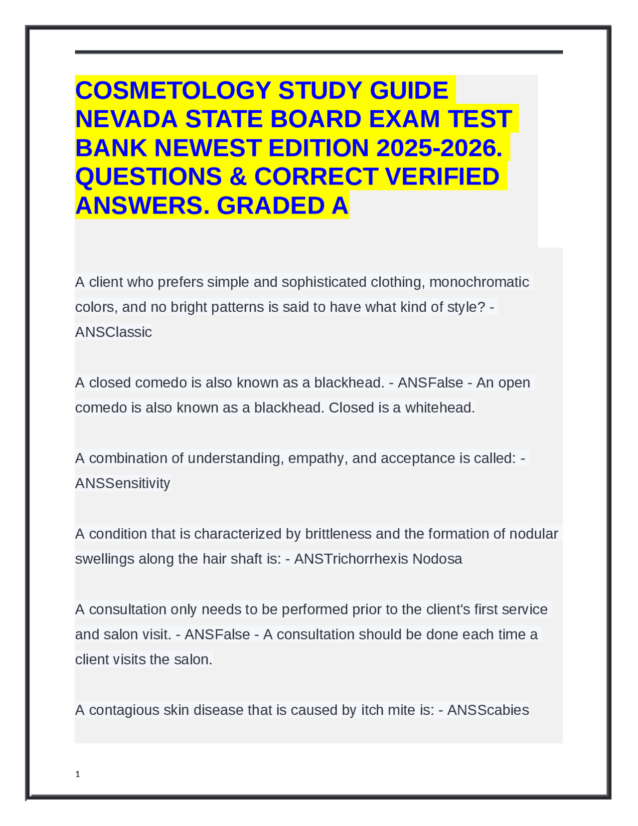 COSMETOLOGY STUDY GUIDE NEVADA STATE BOARD EXAM TEST BANK NEWEST ...