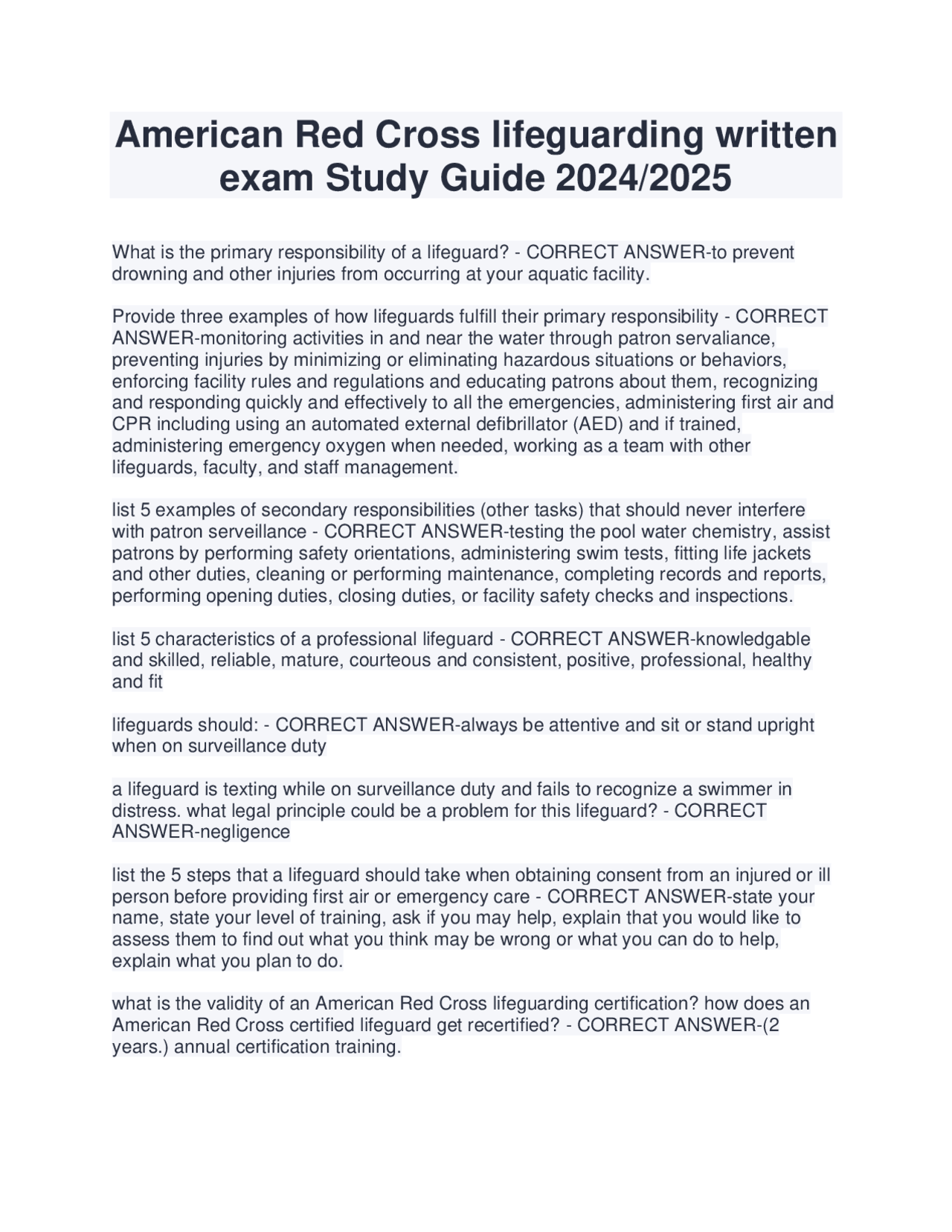 American Red Cross lifeguarding written exam Study Guide 2024 | Exams ...