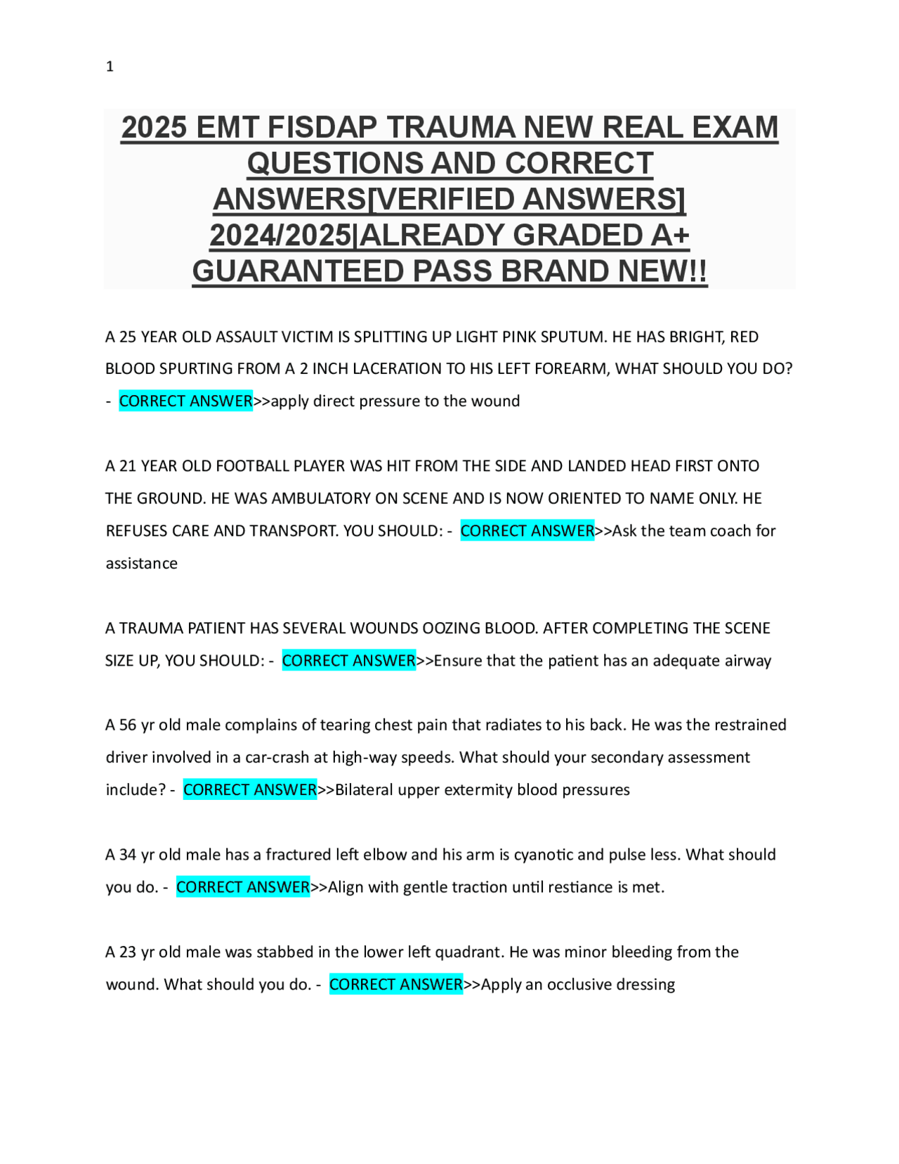 2025 EMT FISDAP TRAUMA NEW REAL EXAM QUESTIONS AND CORRECT ANSWERS ...