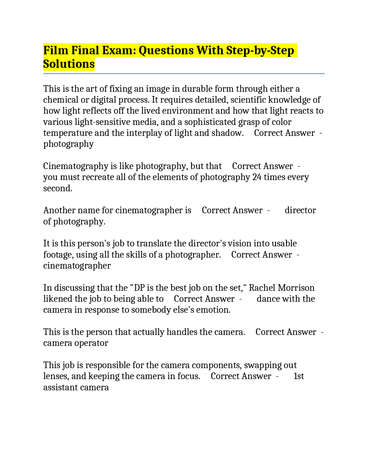 Film Final Exam: Questions With Step-by-Step Solutions | Exams ...