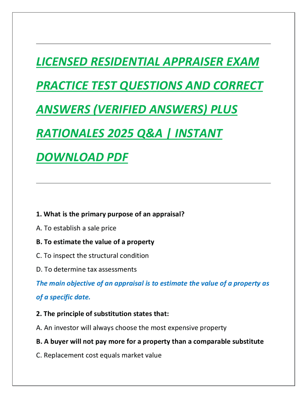LICENSED RESIDENTIAL APPRAISER EXAM PRACTICE TEST QUESTIONS AND CORRECT ...