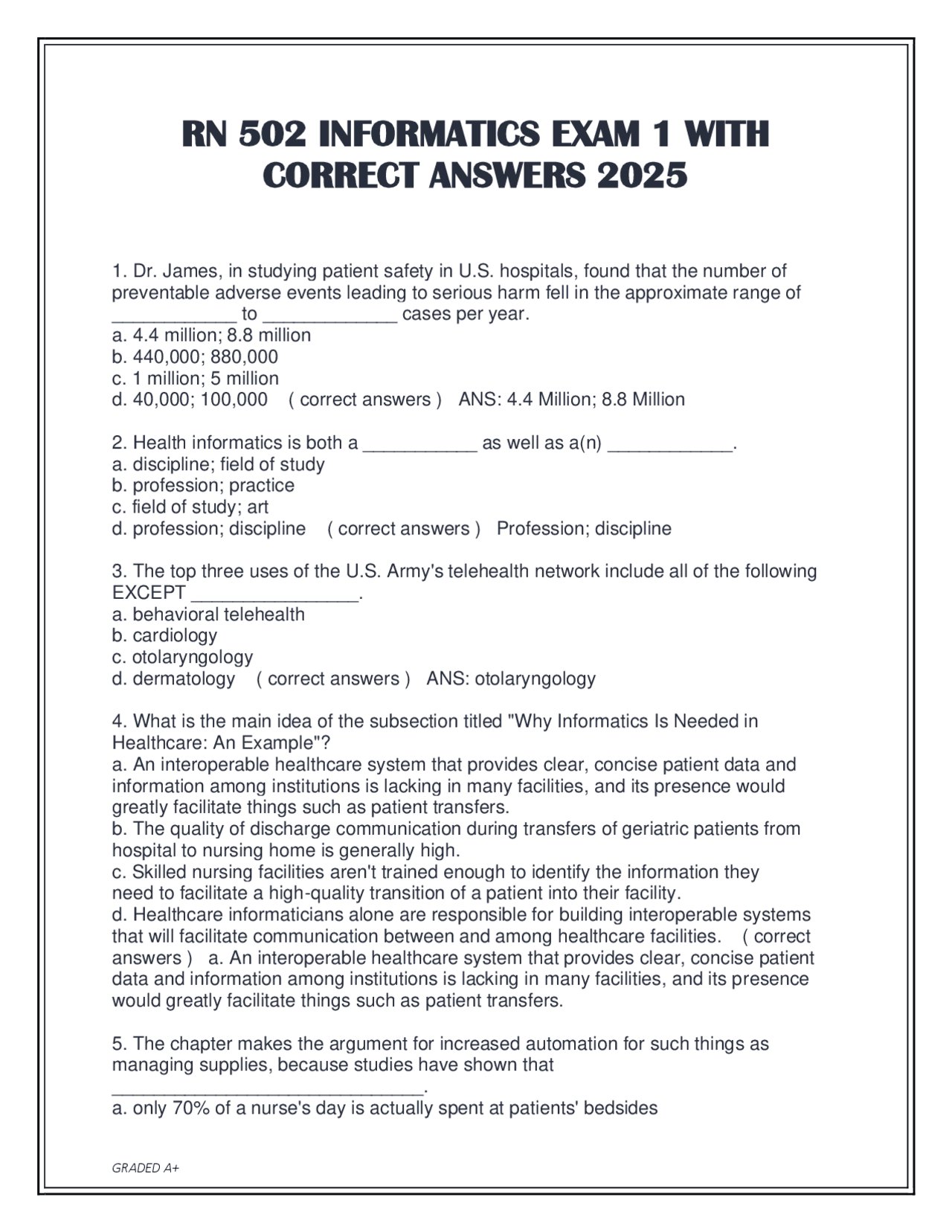 RN 502 INFORMATICS EXAM 1 WITH CORRECT ANSWERS 2025 | Exams Nursing ...