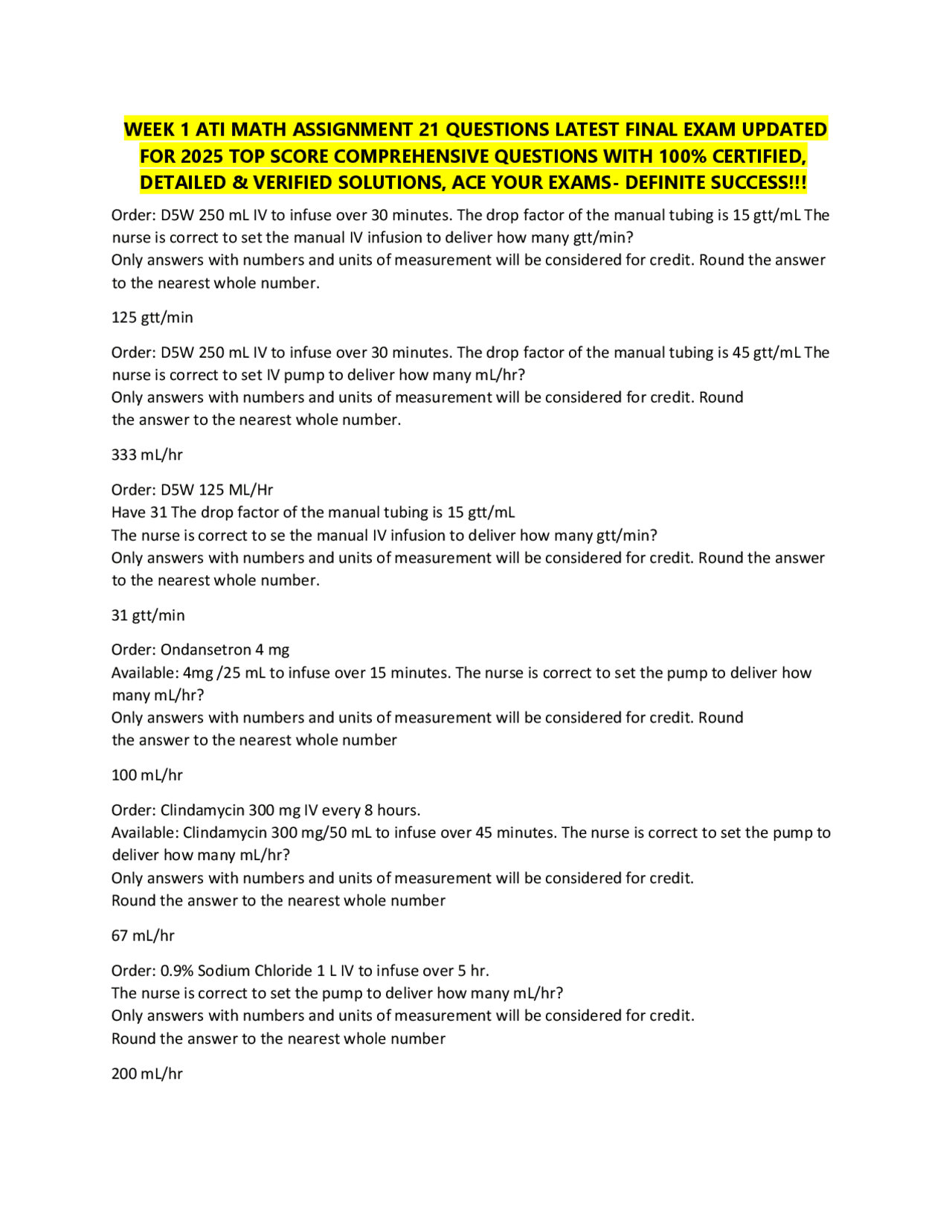 WEEK 1 ATI MATH ASSIGNMENT 21 QUESTIONS LATEST FINAL EXAM UPDATED FOR ...