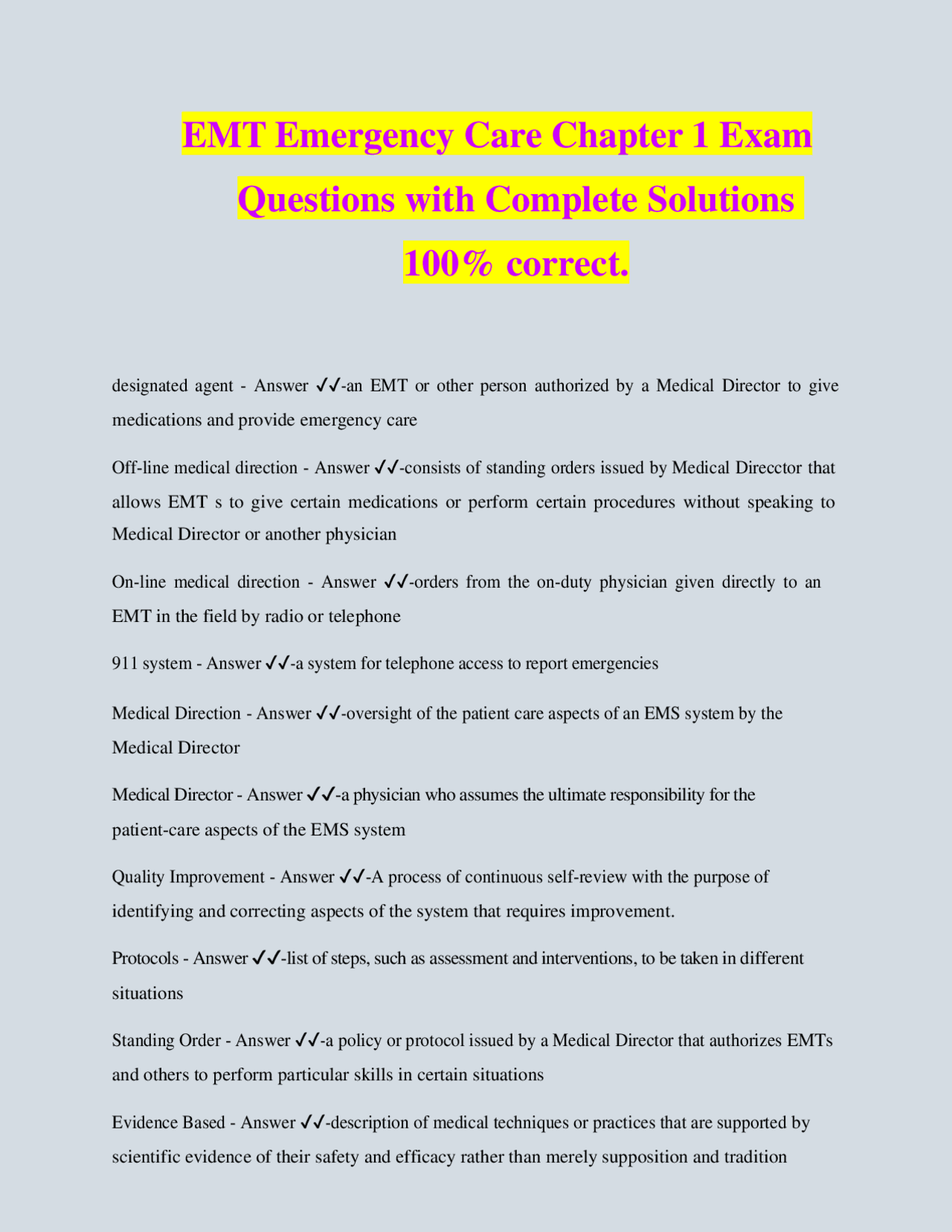EMT Emergency Care Chapter 1 Exam Questions with Complete Solutions 100 ...