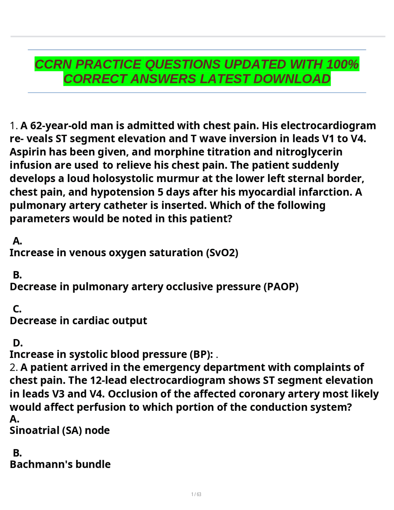 CCRN PRACTICE QUESTIONS UPDATED WITH 100% CORRECT ANSWERS LATEST ...