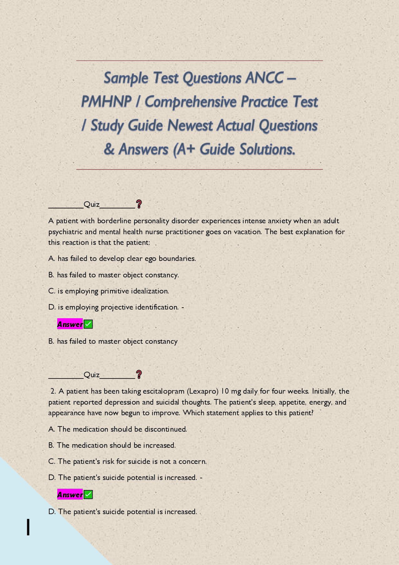Sample Test Questions ANCC – PMHNP / Comprehensive Practice Test ...