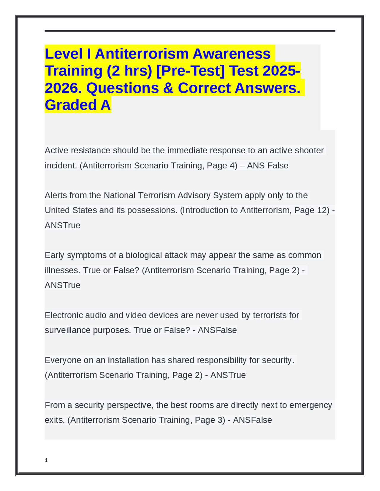 Level I Antiterrorism Awareness Training (2 hrs) [PreTest] Test 2025