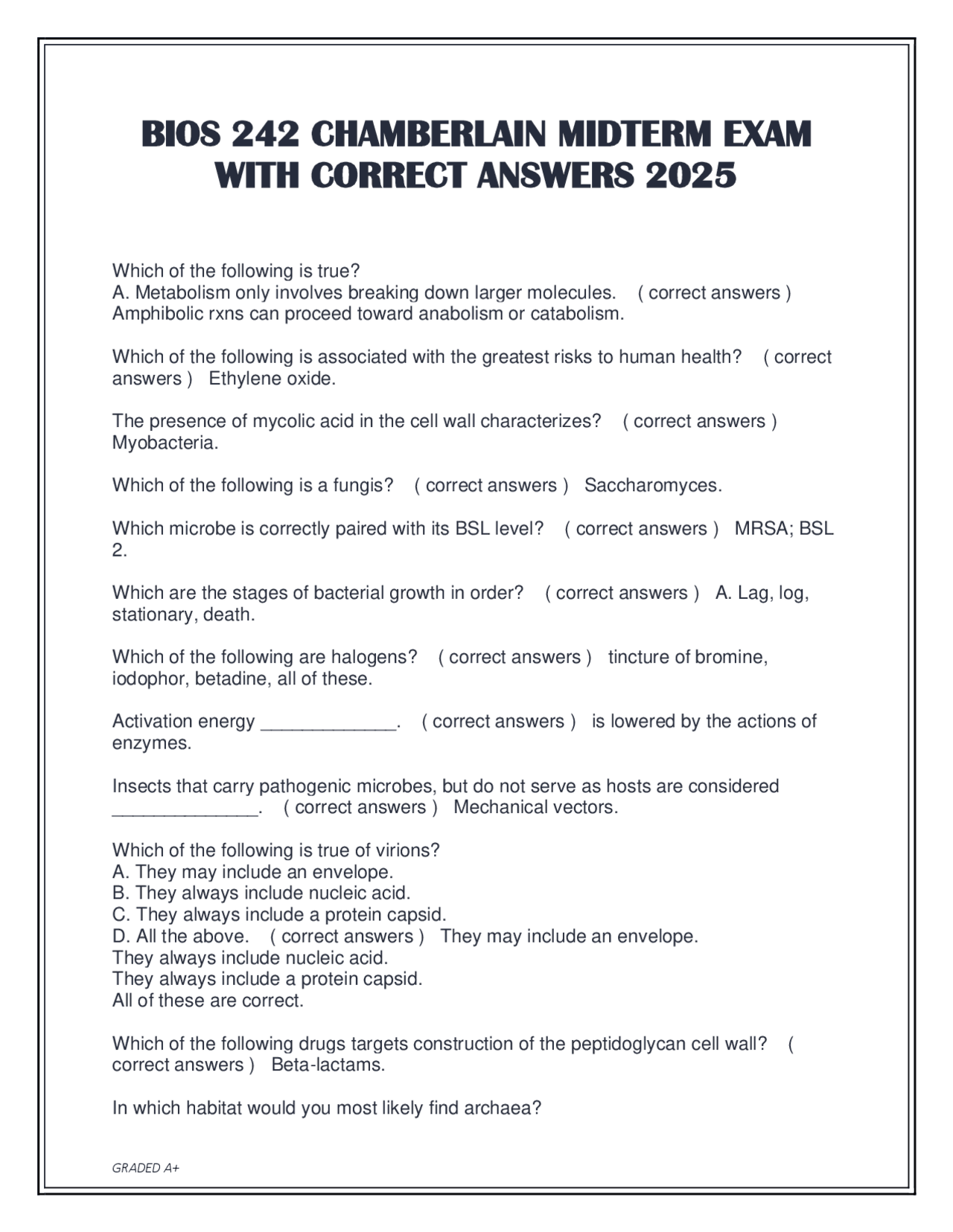BIOS 242 CHAMBERLAIN MIDTERM EXAM WITH CORRECT ANSWERS 2025 | Exams ...