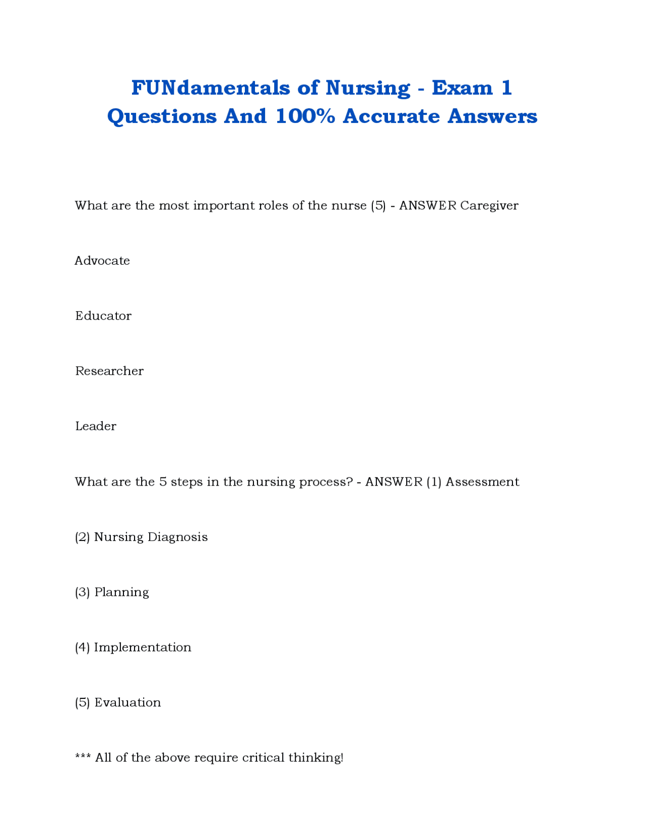Fundamentals of Nursing - Exam 1 Questions And 100% Accurate Answers ...