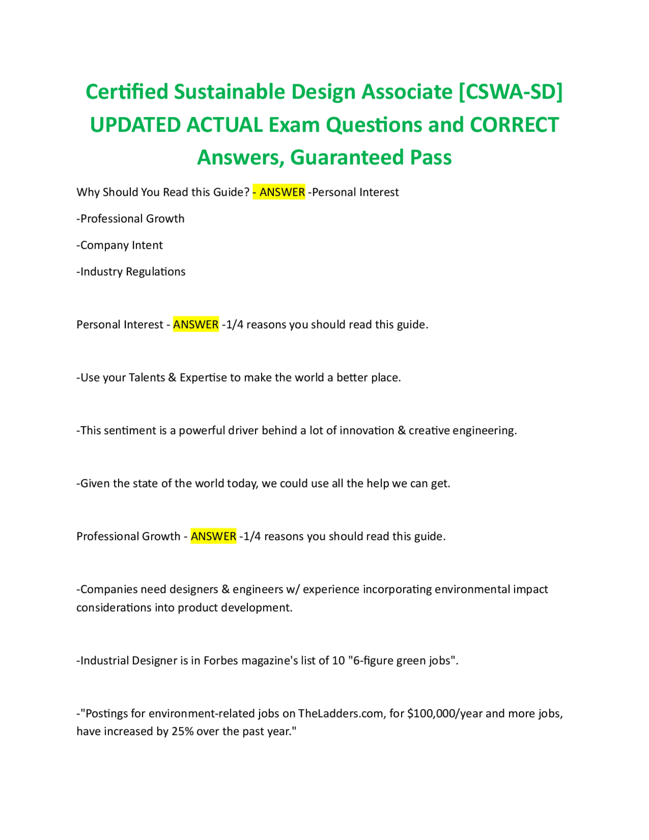 Certified Sustainable Design Associate [CSWA-SD] UPDATED ACTUAL Exam ...