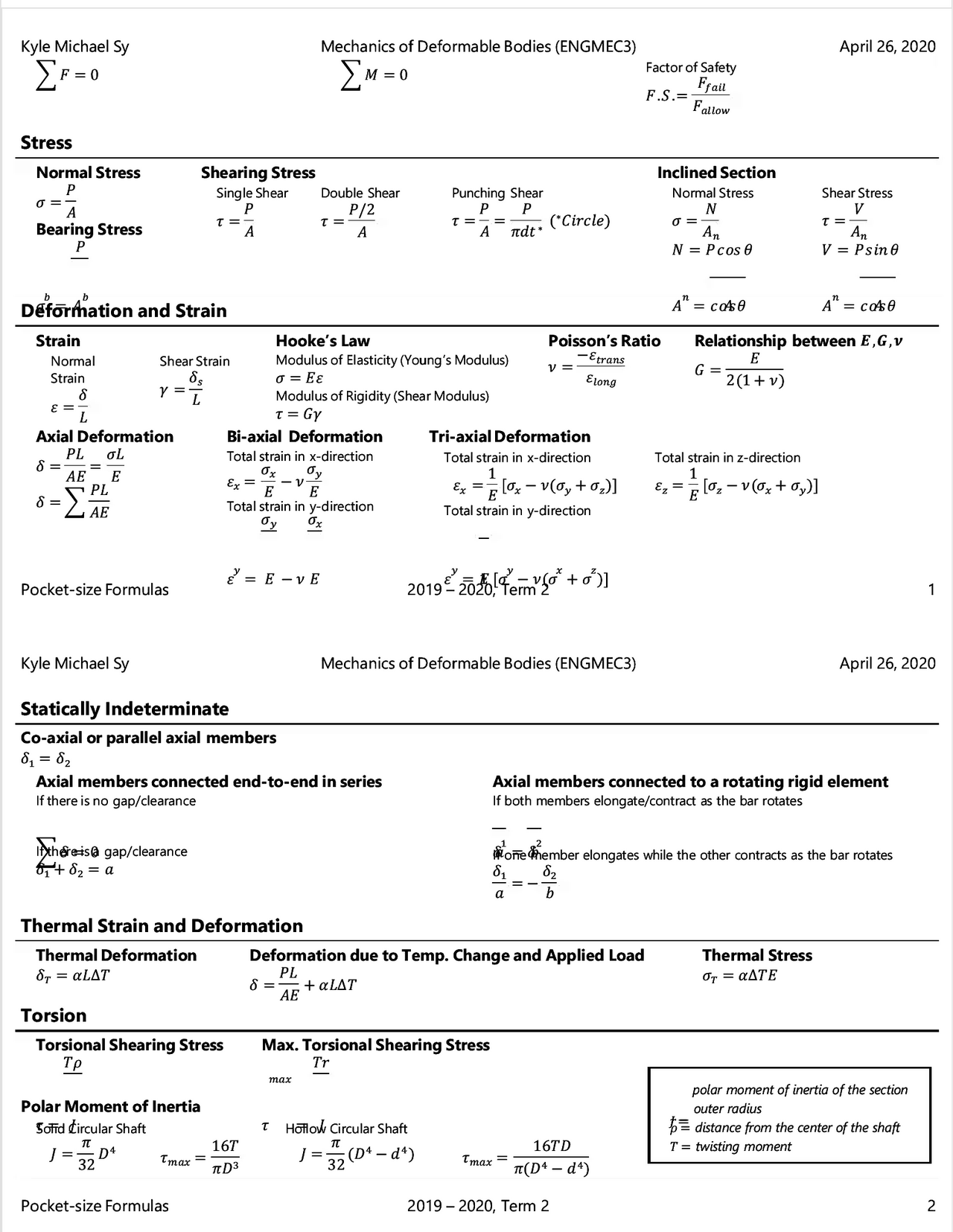 MECHANINCS OF DEFORMABLE BODIES | Lecture notes Mathematics | Docsity