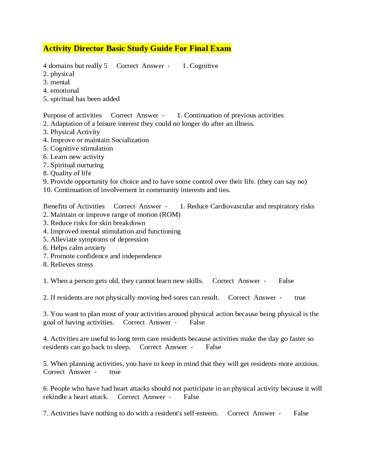 Activity Director Basic Study Guide For Final Exam | Exams Nursing ...
