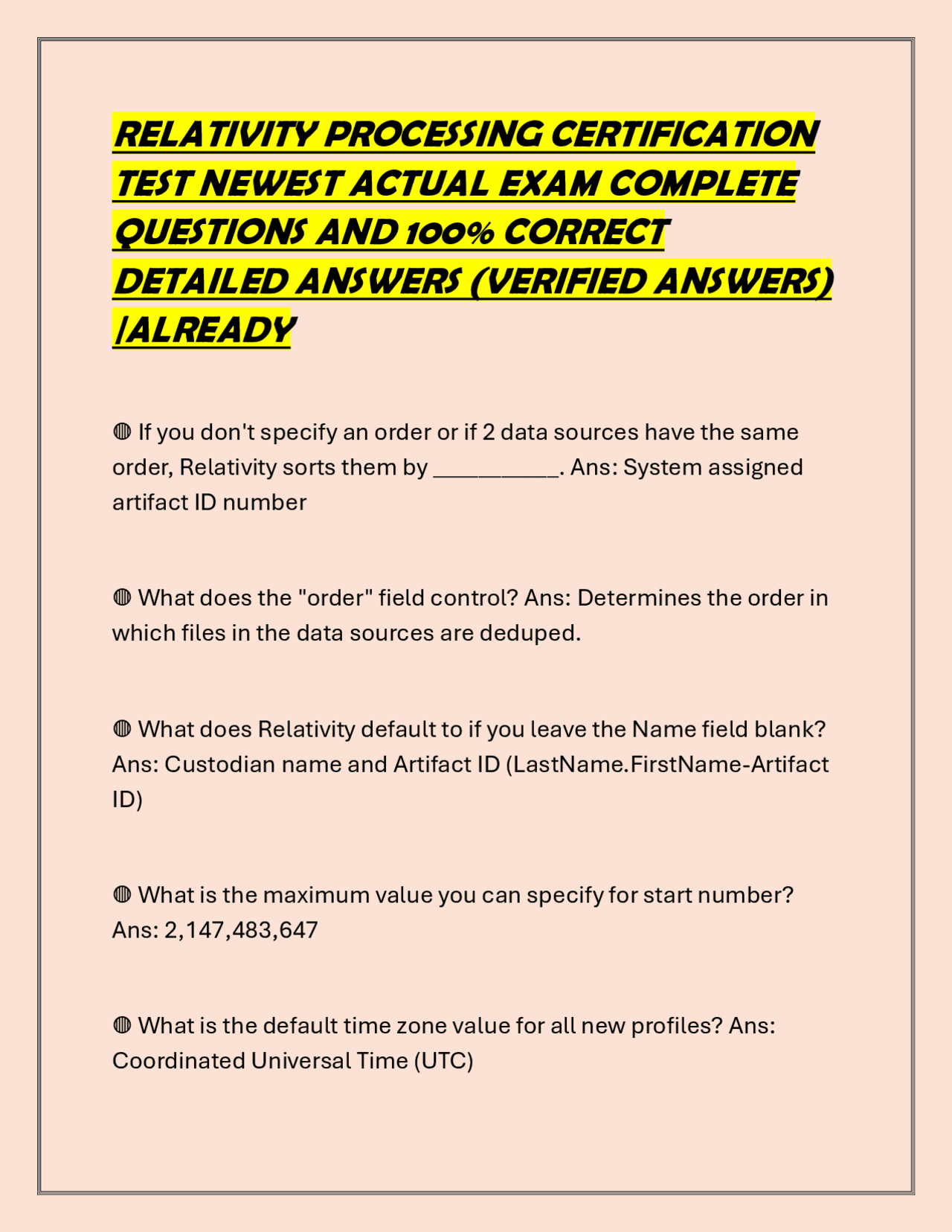 RELATIVITY PROCESSING CERTIFICATION TEST NEWEST ACTUAL EXAM COMPLETE ...
