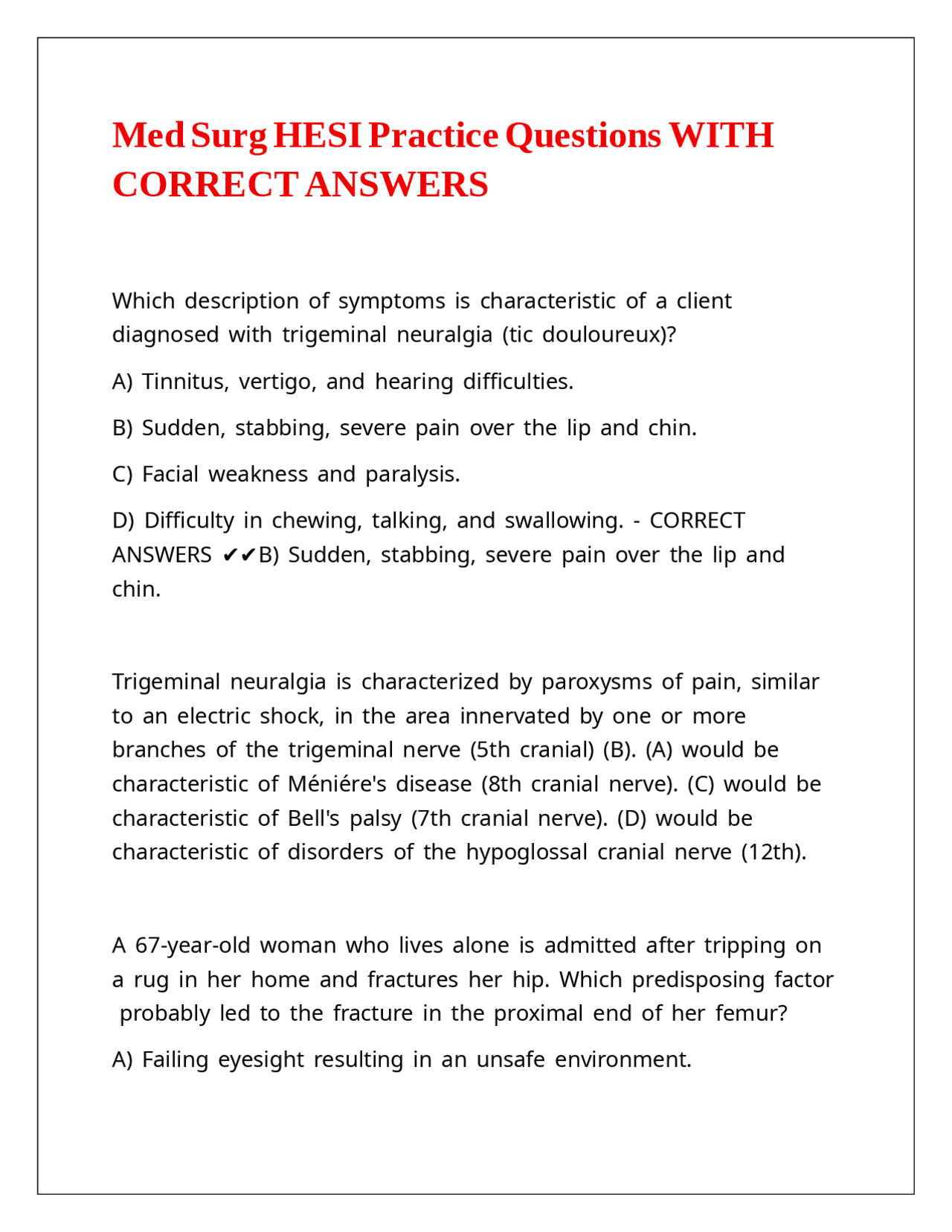 Med Surg HESI Practice Questions WITH CORRECT ANSWERS | Exams General ...