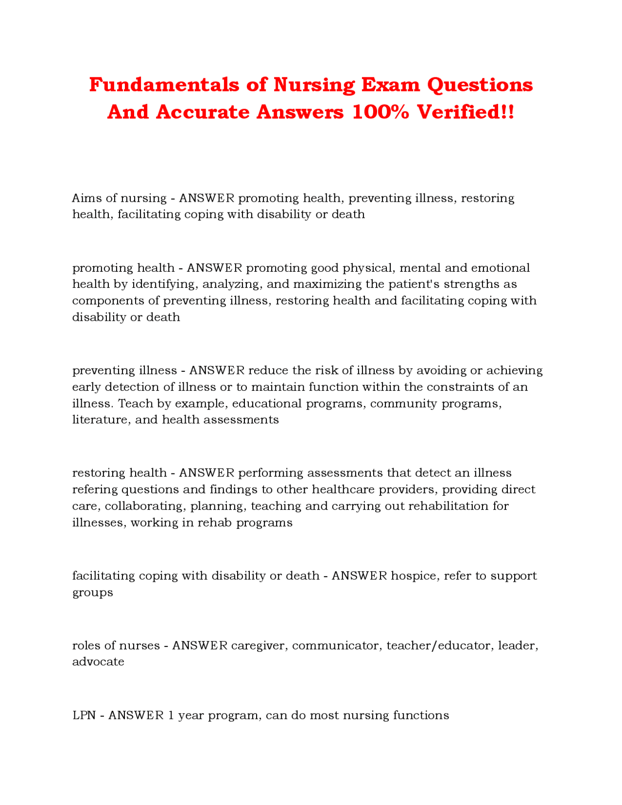 Fundamentals of Nursing Exam Questions And Accurate Answers 100% ...