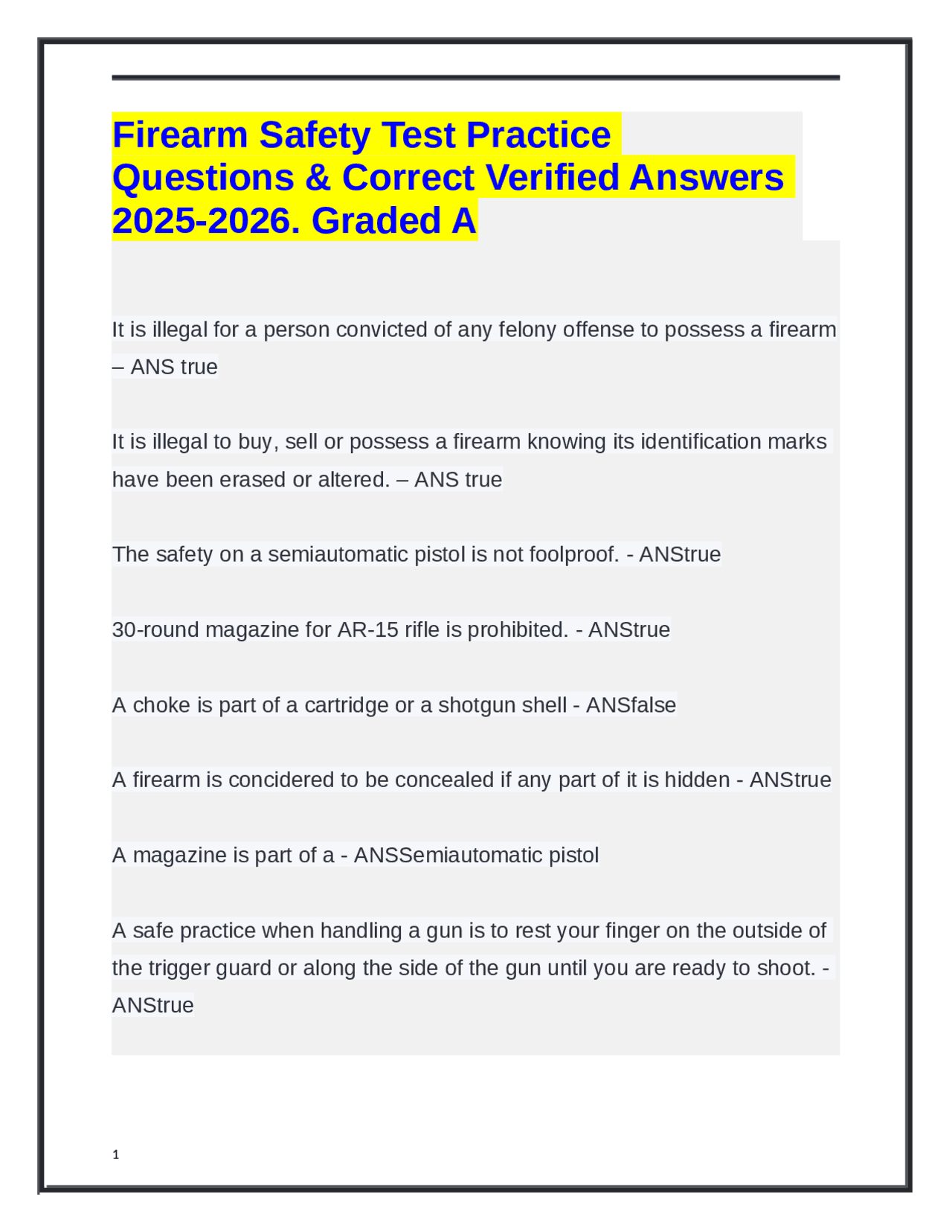 Firearm Safety Test Practice Questions & Answers | Exams Military ...