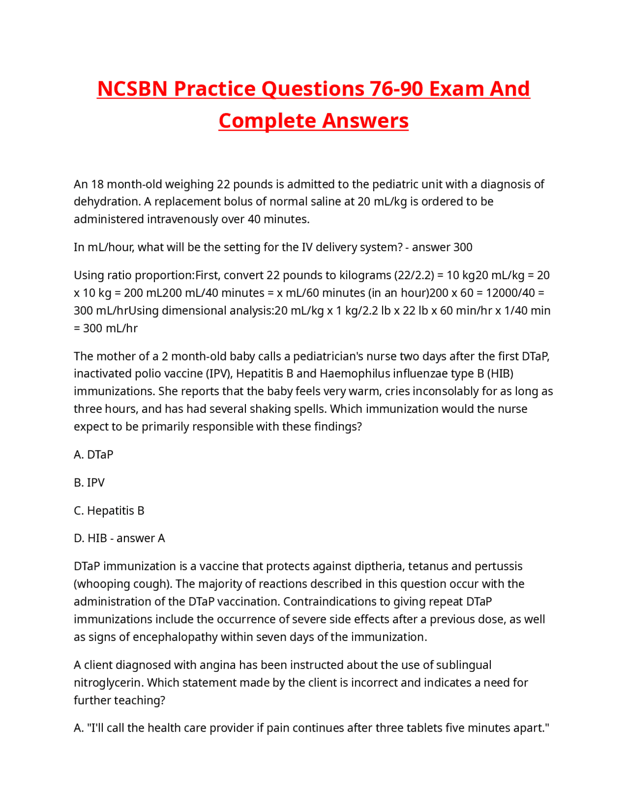 健康・医学 Answers to Everyday Questions NCSBN Practice Questions 76-90 Exam And Complete Answers