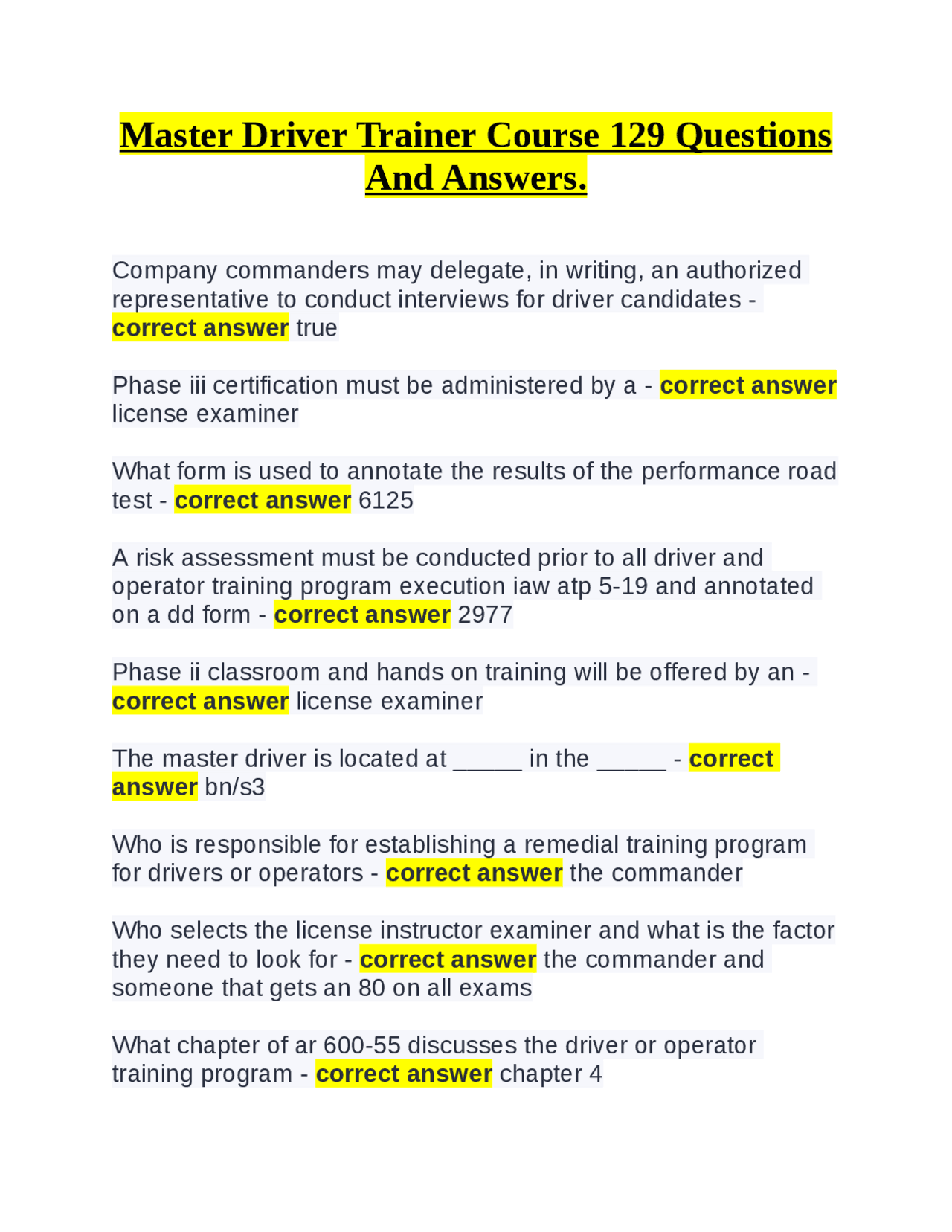 Master Driver Trainer Master Driver Trainer Course 129 Questions And Answers. | Exams ...