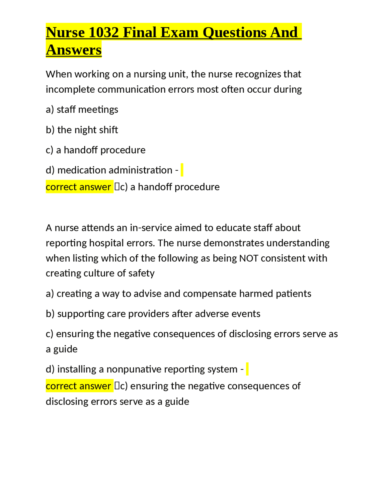 Nurse 1032 Final Exam Questions And Answers | Exams Nursing | Docsity