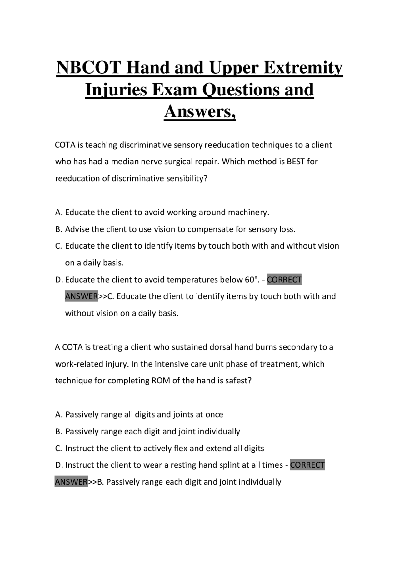 NBCOT Hand and Upper Extremity Injuries Exam Questions and Answers ...