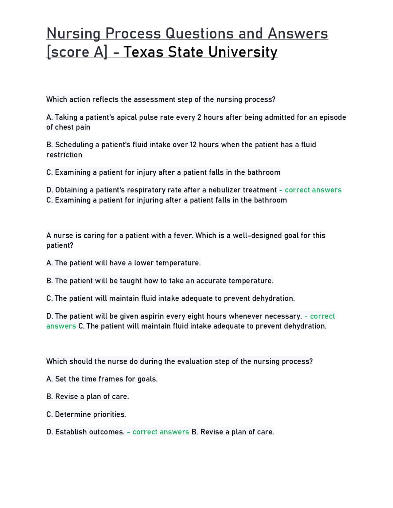Nursing Process Questions and Answers [score A] - Texas State ...
