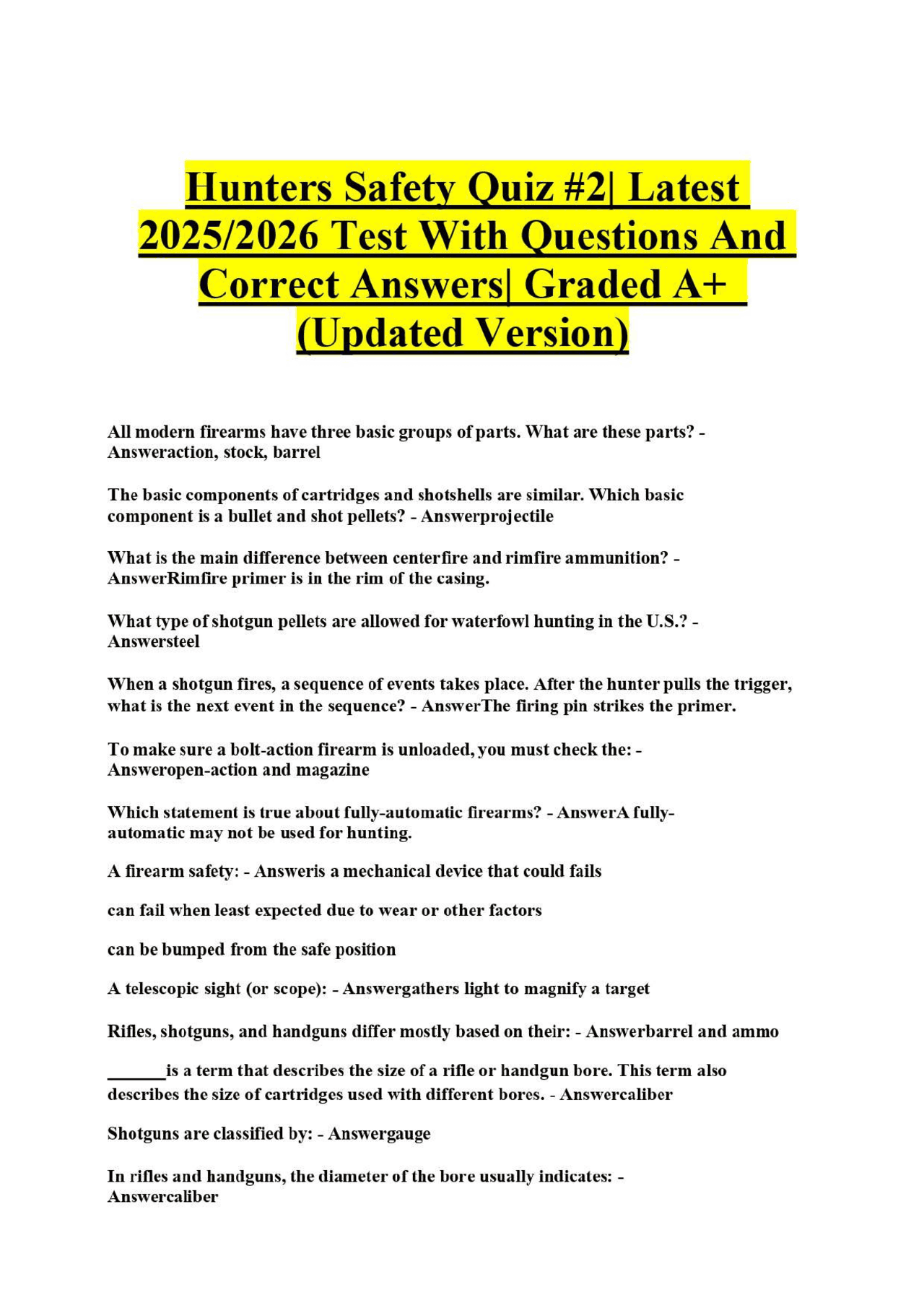Hunters Safety Quiz #2| Latest 2025/2026 Test With Questions And ...