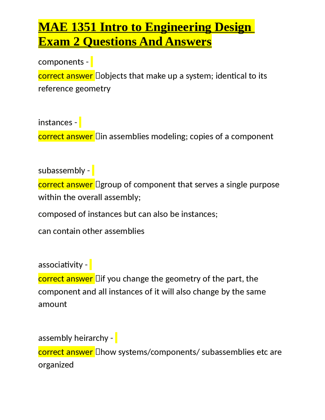 Engineering Design Exam 2 Q&A: Assembly Modeling and FEA | Exams ...