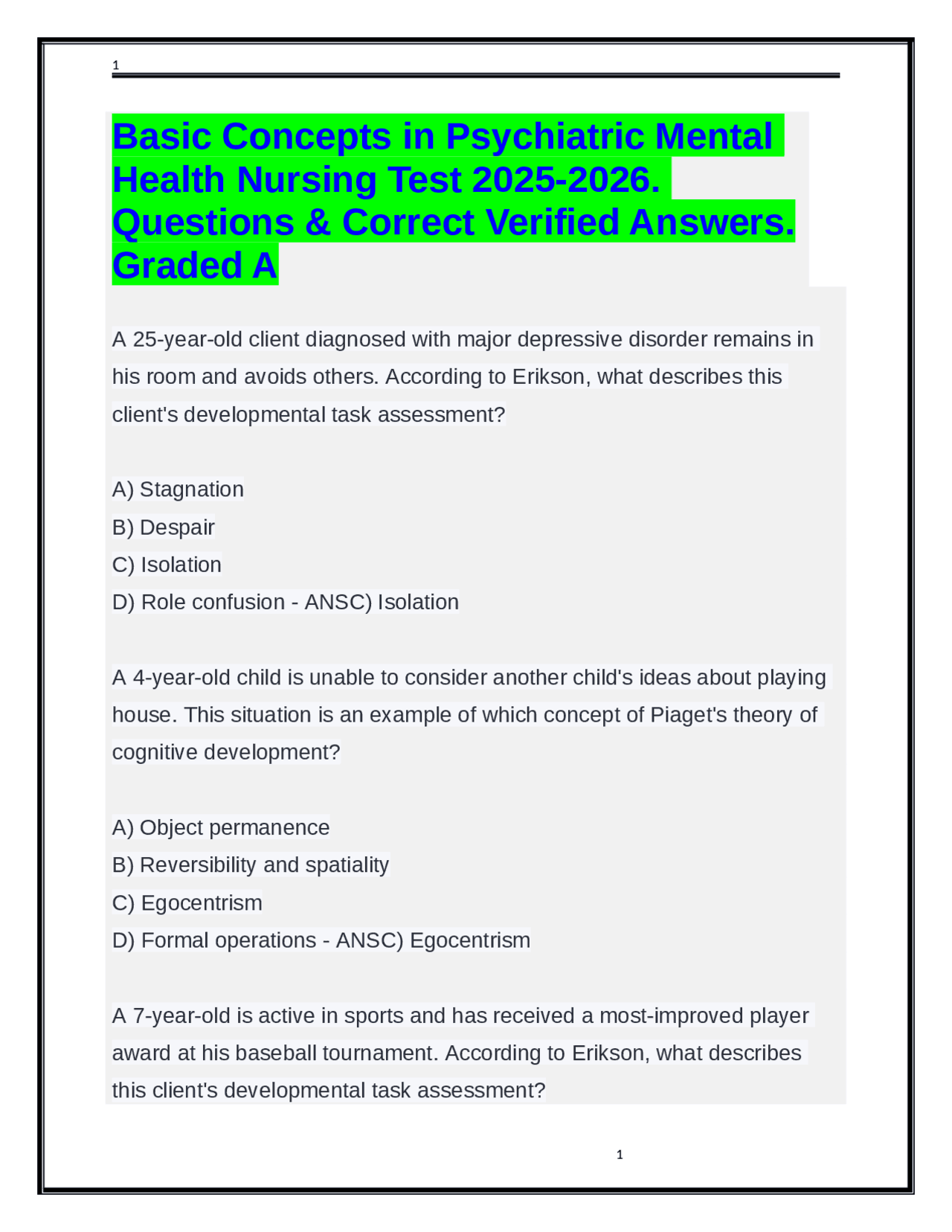 Basic Concepts in Psychiatric Mental Health Nursing Test 2025-2026 ...