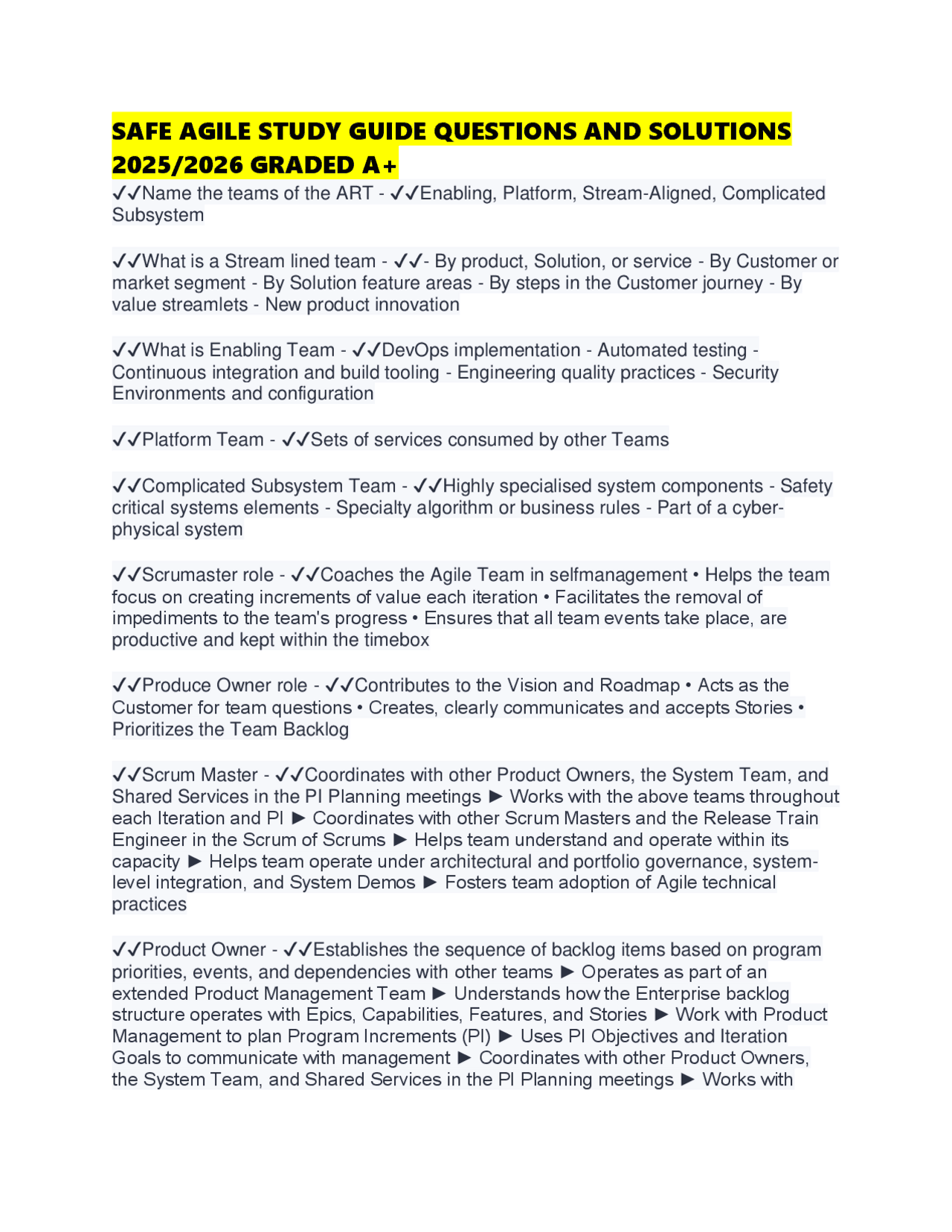 SAFE AGILE STUDY GUIDE QUESTIONS AND SOLUTIONS 2025/2026 GRADED A+ ...