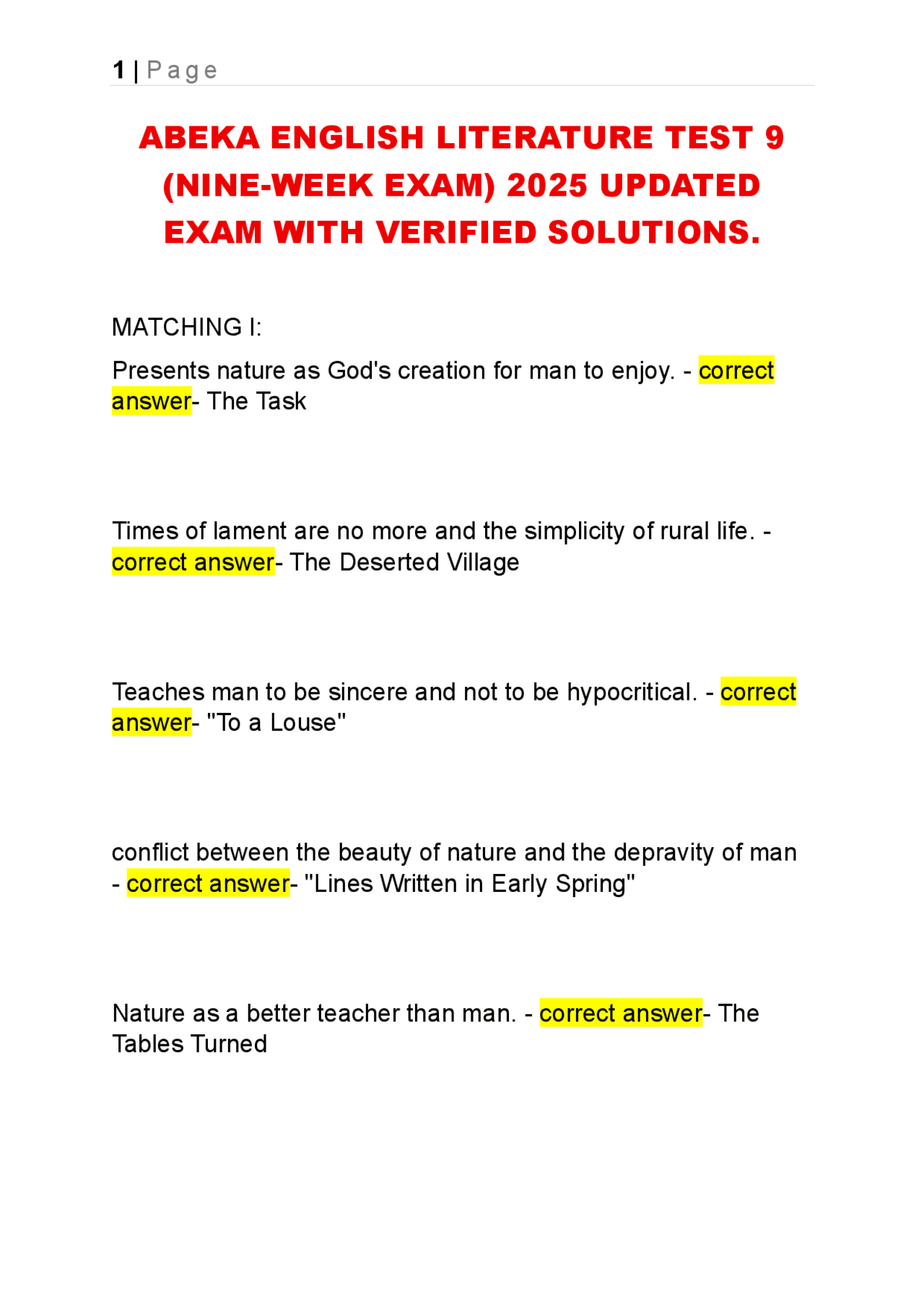 ABEKA ENGLISH LITERATURE TEST 9 (NINE-WEEK EXAM) 2025 UPDATED EXAM ...