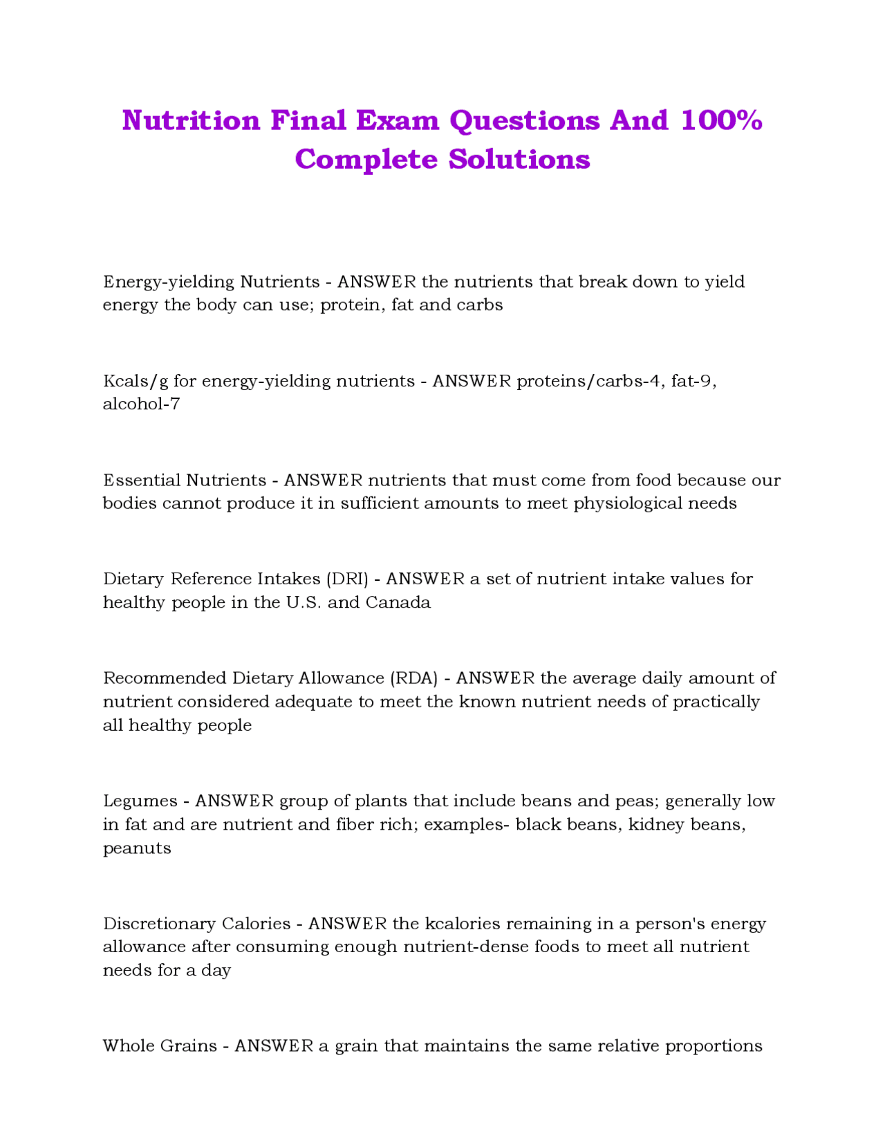 Nutrition Final Exam Questions And 100% Complete Solutions | Exams ...