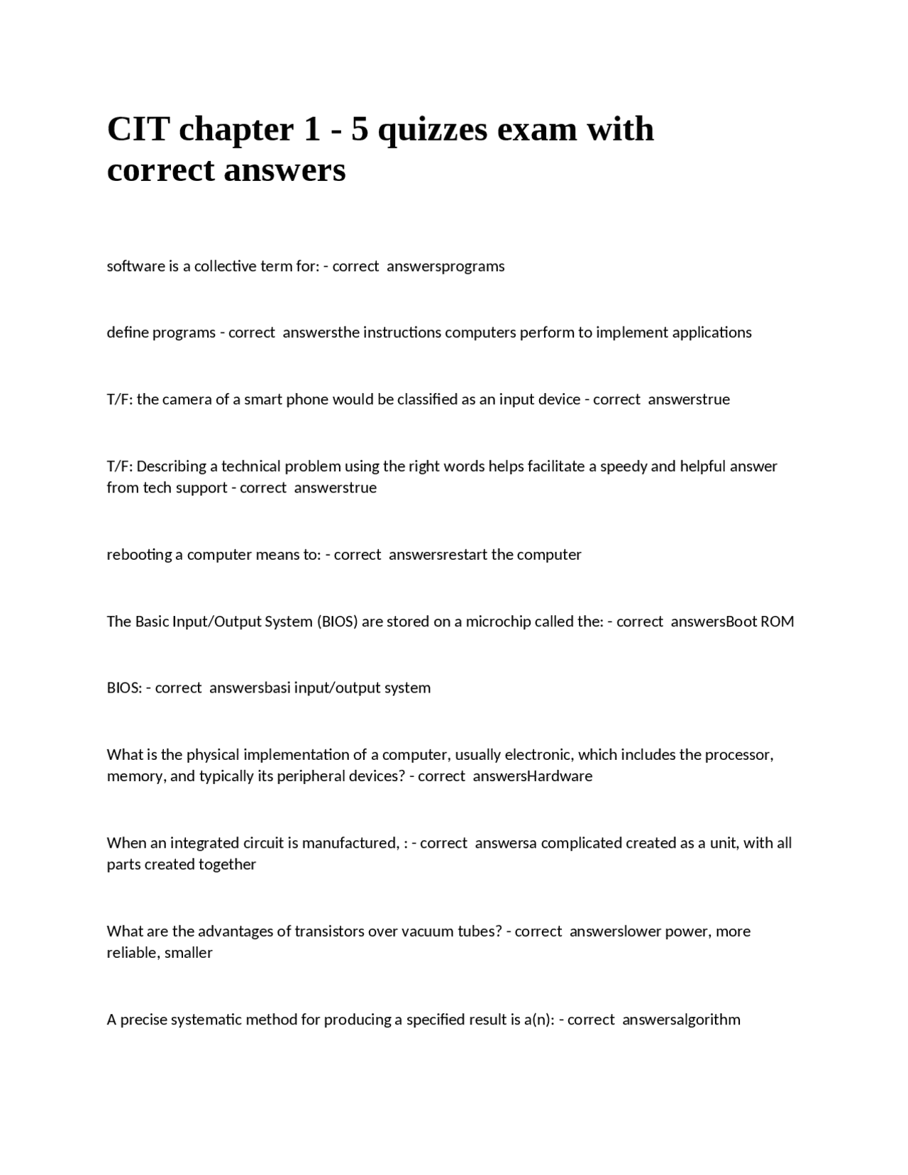 Computer Science Fundamentals: Chapter 1-5 Quiz with Answers | Exams ...