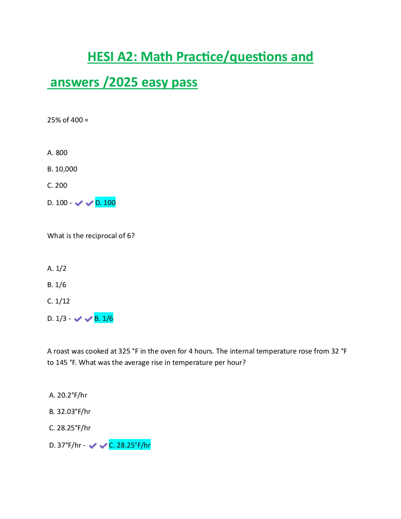 HESI A2: Math Practice/questions and answers /2025 easy pass | Exams ...