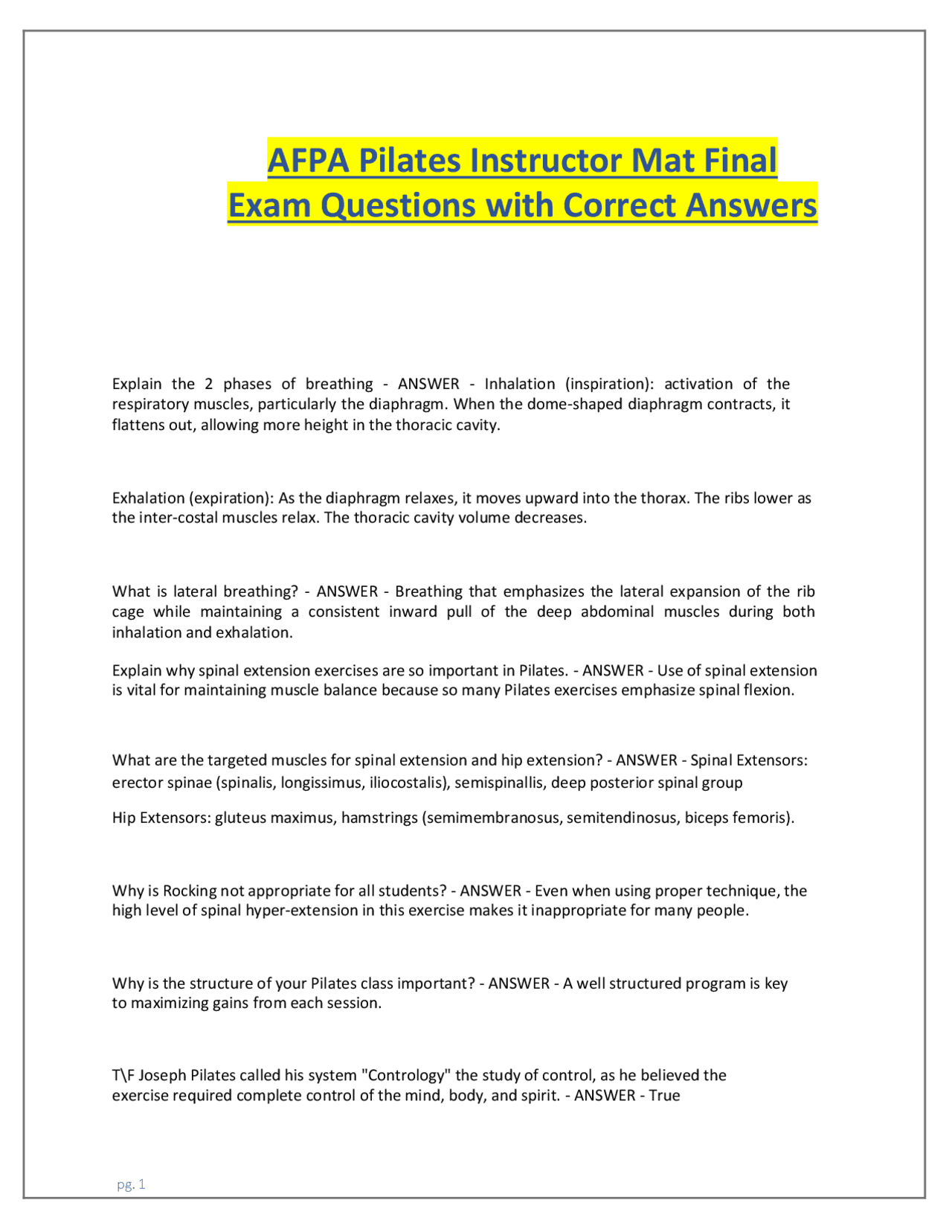 Pilates Instructor Mat Exam: Questions and Answers | Exams Nursing ...