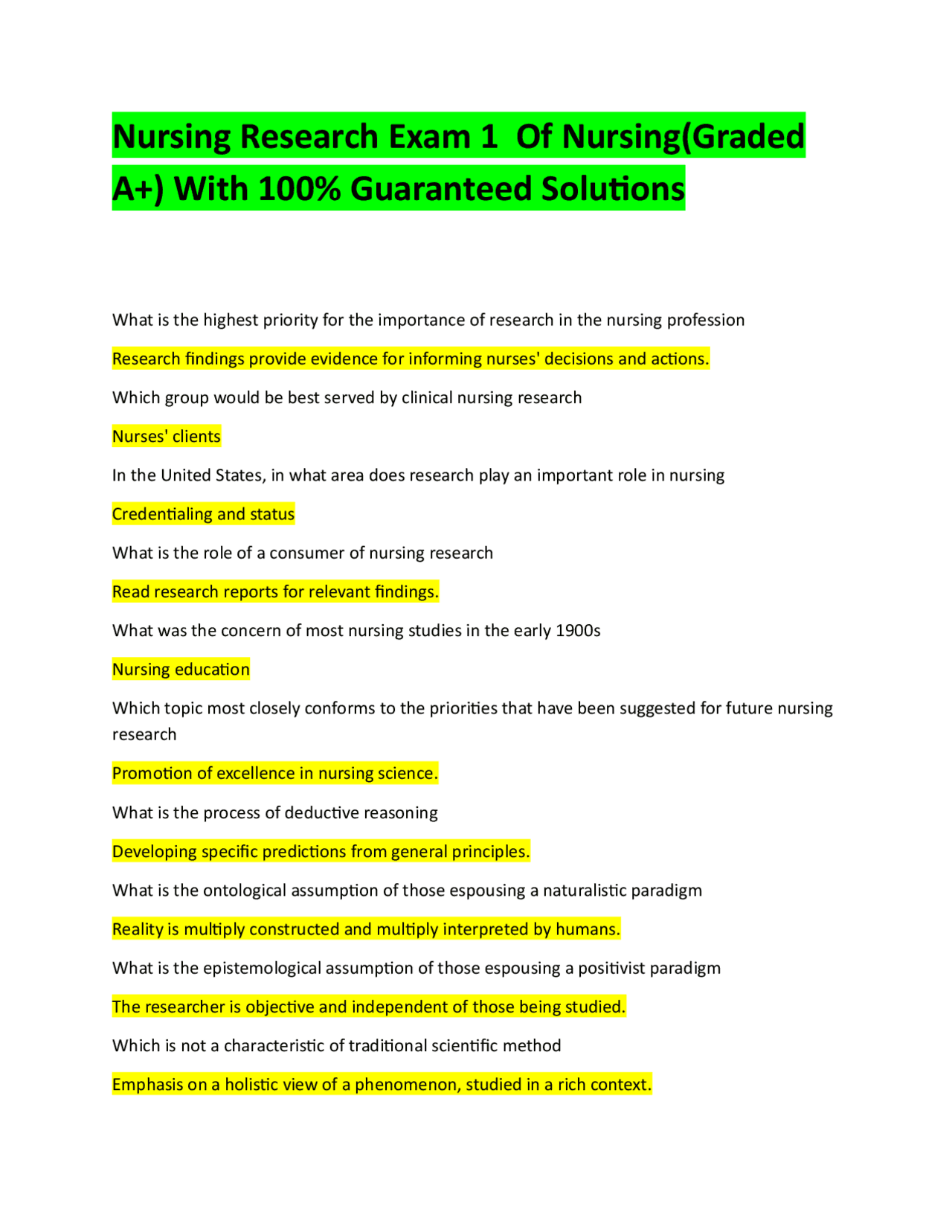 Nursing Research Exam 1 Of Nursing(Graded A+) With 100% Guaranteed ...