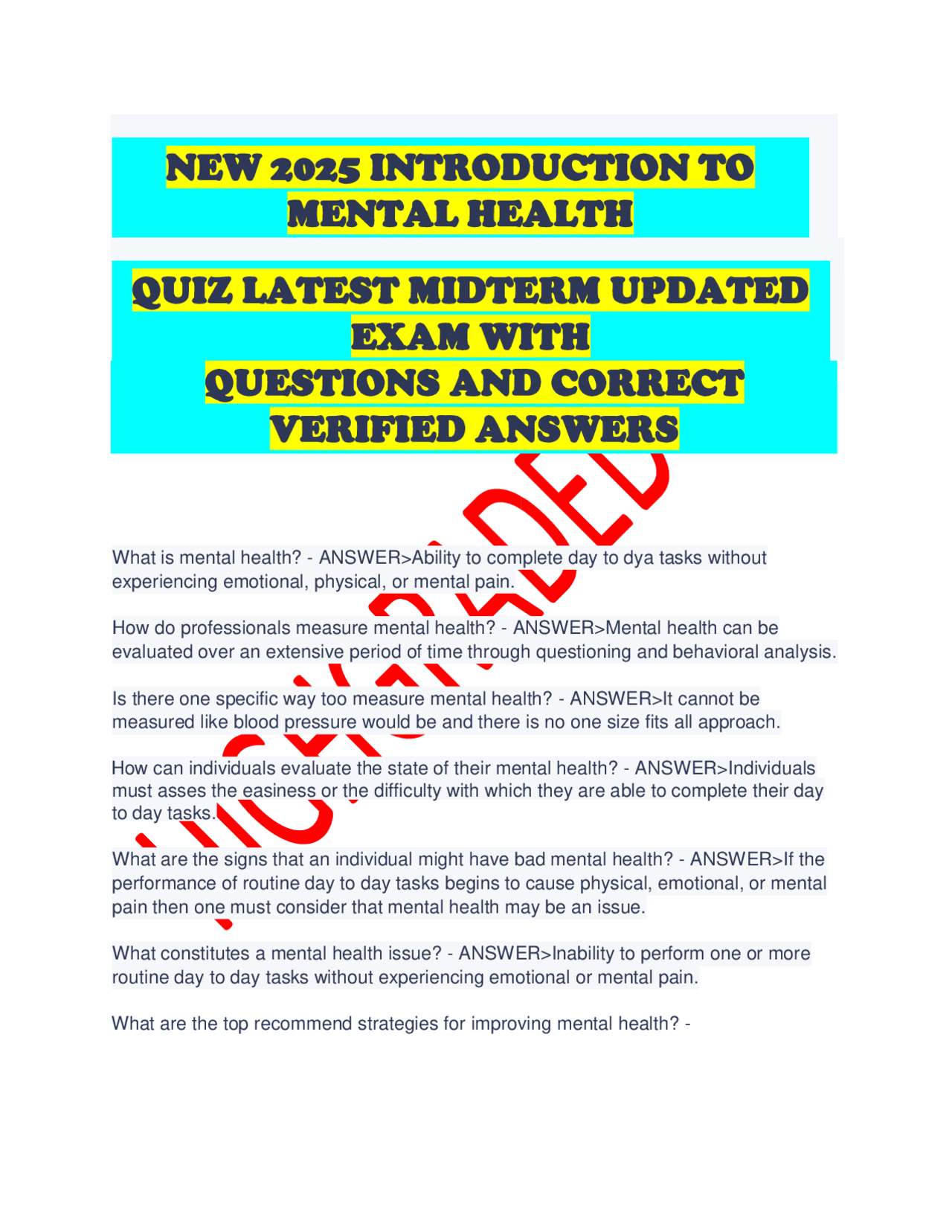NEW 2025 INTRODUCTION TO MENTAL HEALTH QUIZ LATEST MIDTERM UPDATED EXAM ...