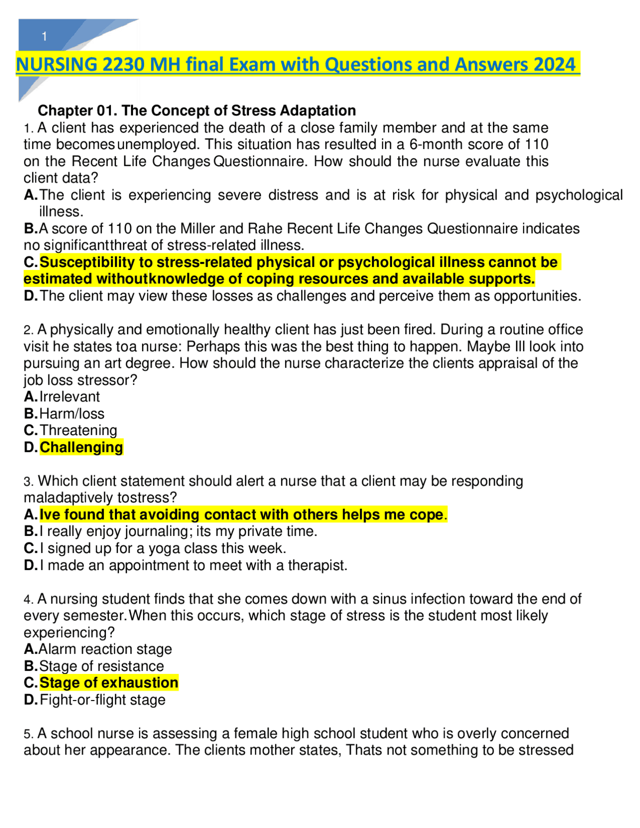 NURSING 2230 MH final Exam with Questions and Answers | Exams Nursing ...