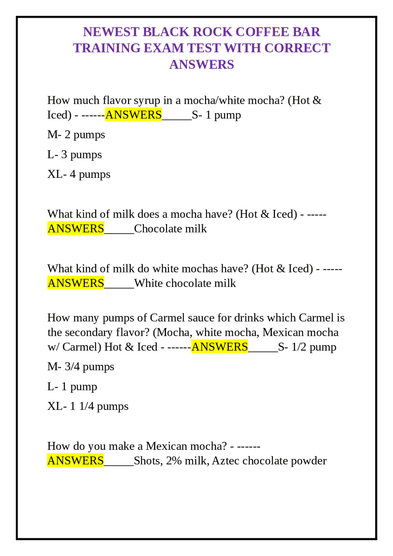 NEWEST BLACK ROCK COFFEE BAR TRAINING EXAM TEST WITH CORRECT ANSWERS | Exams Food Process ...
